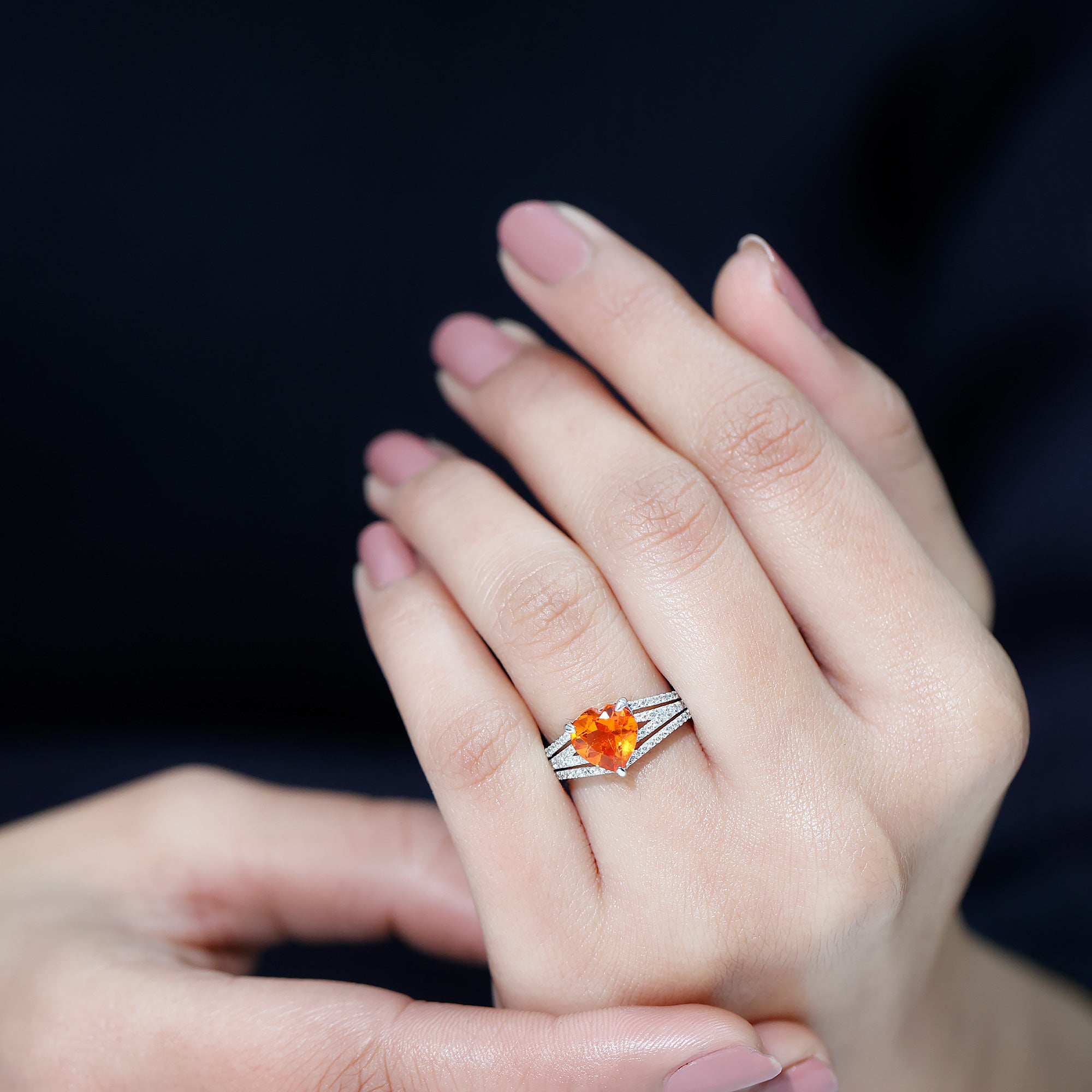 Created Orange Sapphire Heart Engagement Ring with Diamond Lab Created Orange Sapphire - ( AAAA ) - Quality - Rosec Jewels