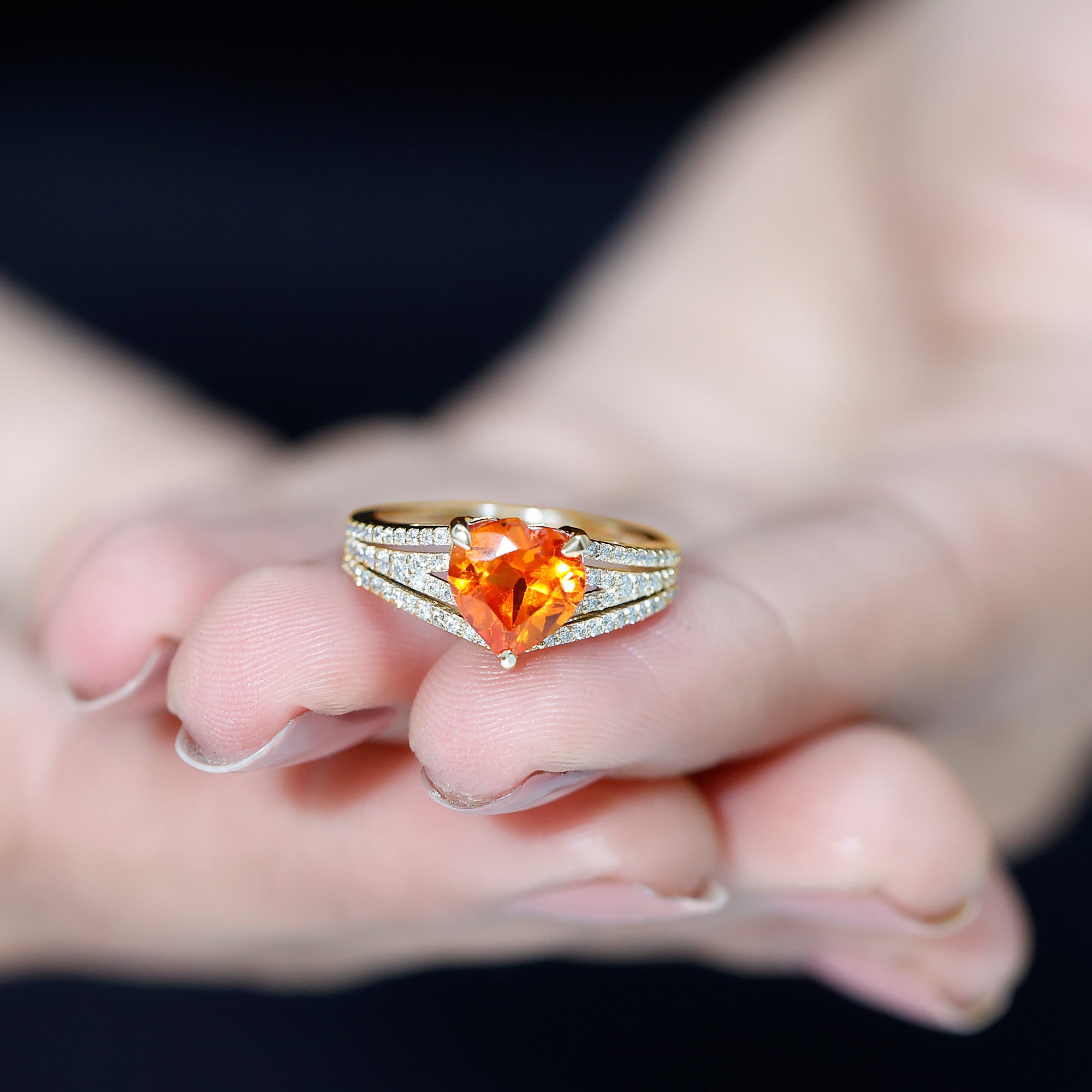 Created Orange Sapphire Heart Engagement Ring with Diamond Lab Created Orange Sapphire - ( AAAA ) - Quality - Rosec Jewels