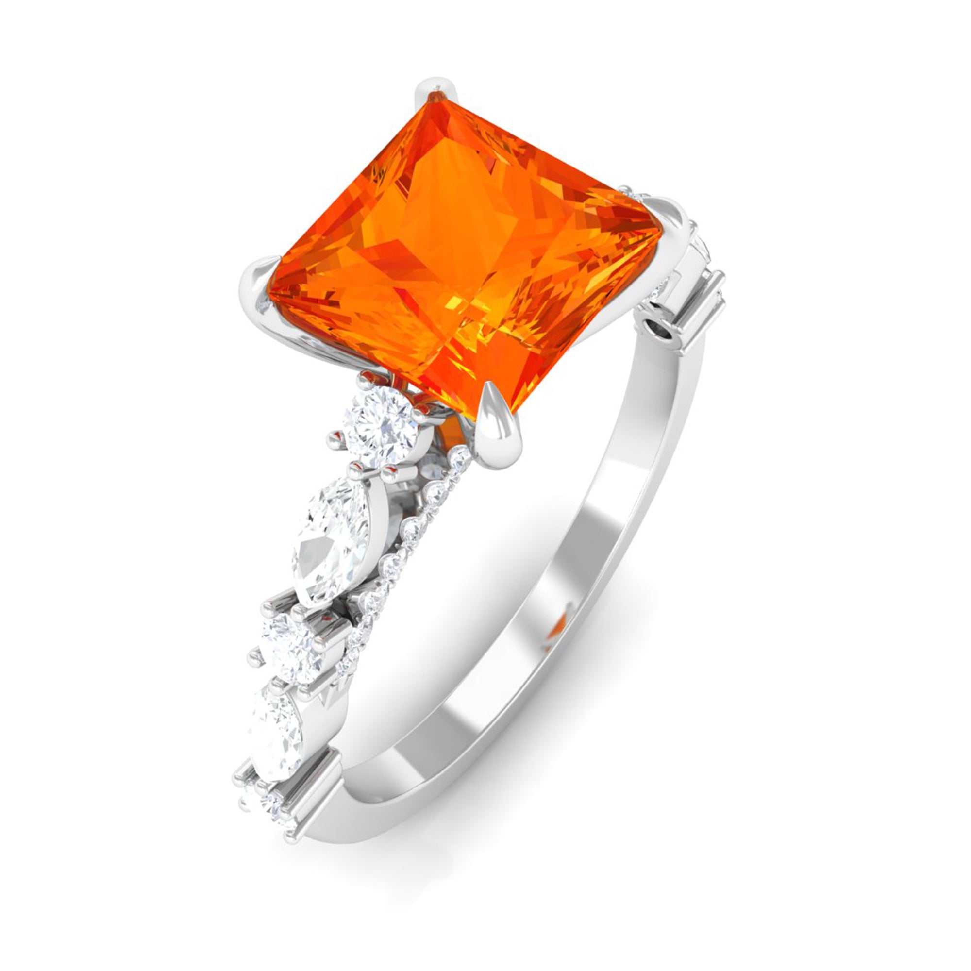 Princess Cut Lab Grown Orange Sapphire Engagement Ring with Moissanite Lab Created Orange Sapphire - ( AAAA ) - Quality - Rosec Jewels