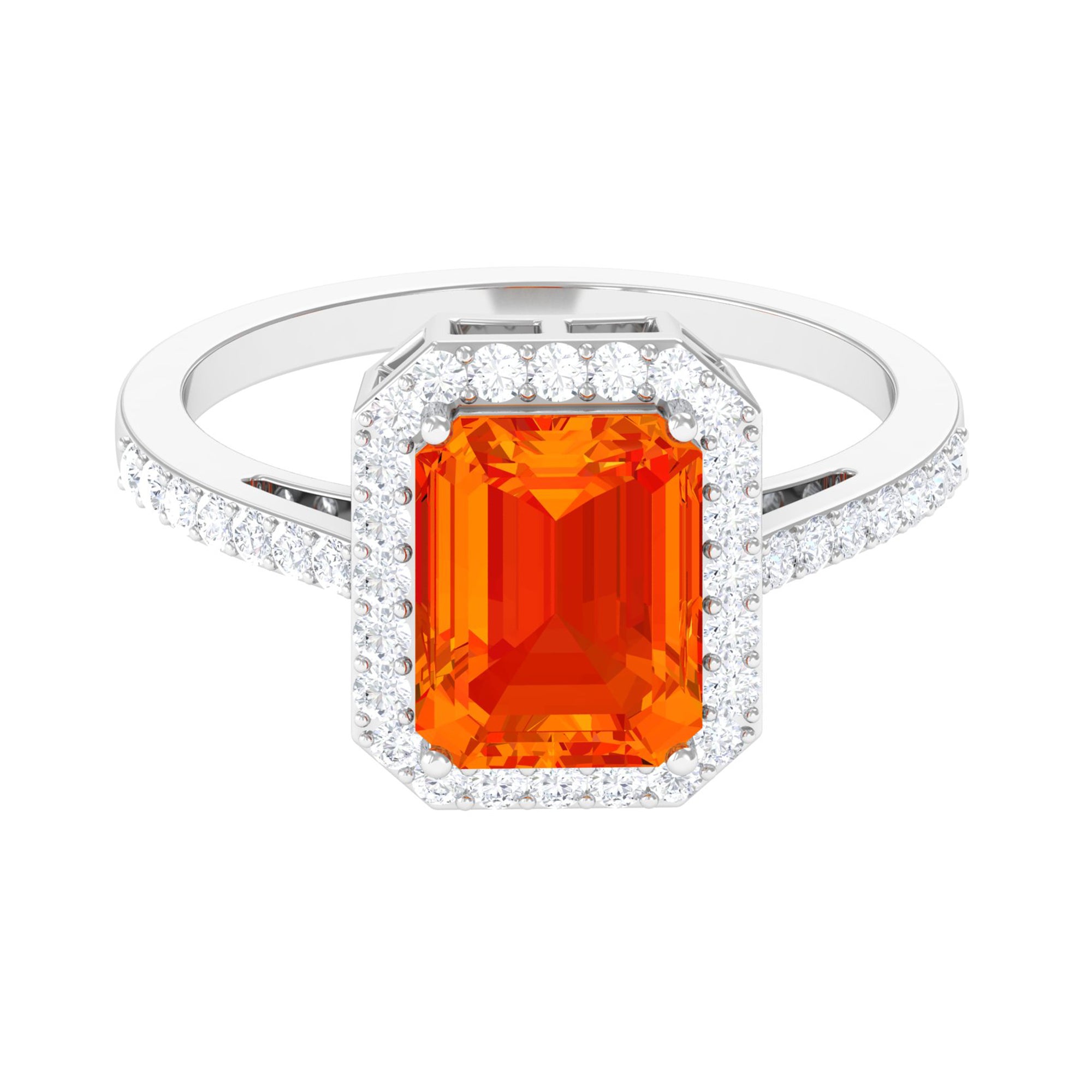 Lab Grown Orange Sapphire Emerald Cut Engagement Ring with Diamond Lab Created Orange Sapphire - ( AAAA ) - Quality - Rosec Jewels