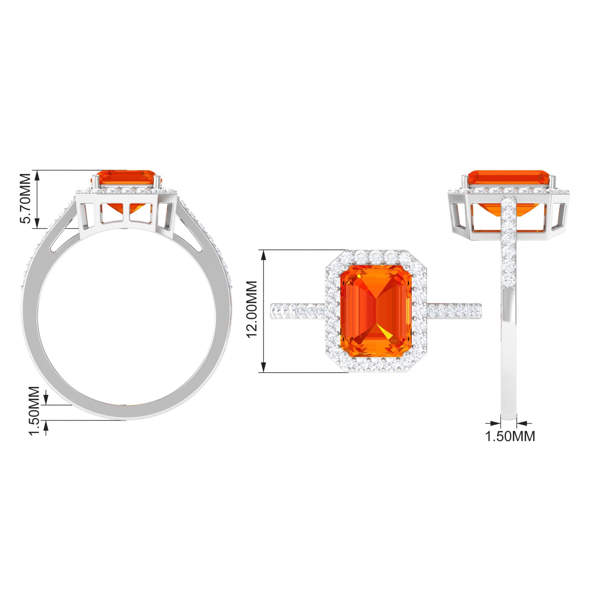 Lab Grown Orange Sapphire Emerald Cut Engagement Ring with Diamond Lab Created Orange Sapphire - ( AAAA ) - Quality - Rosec Jewels