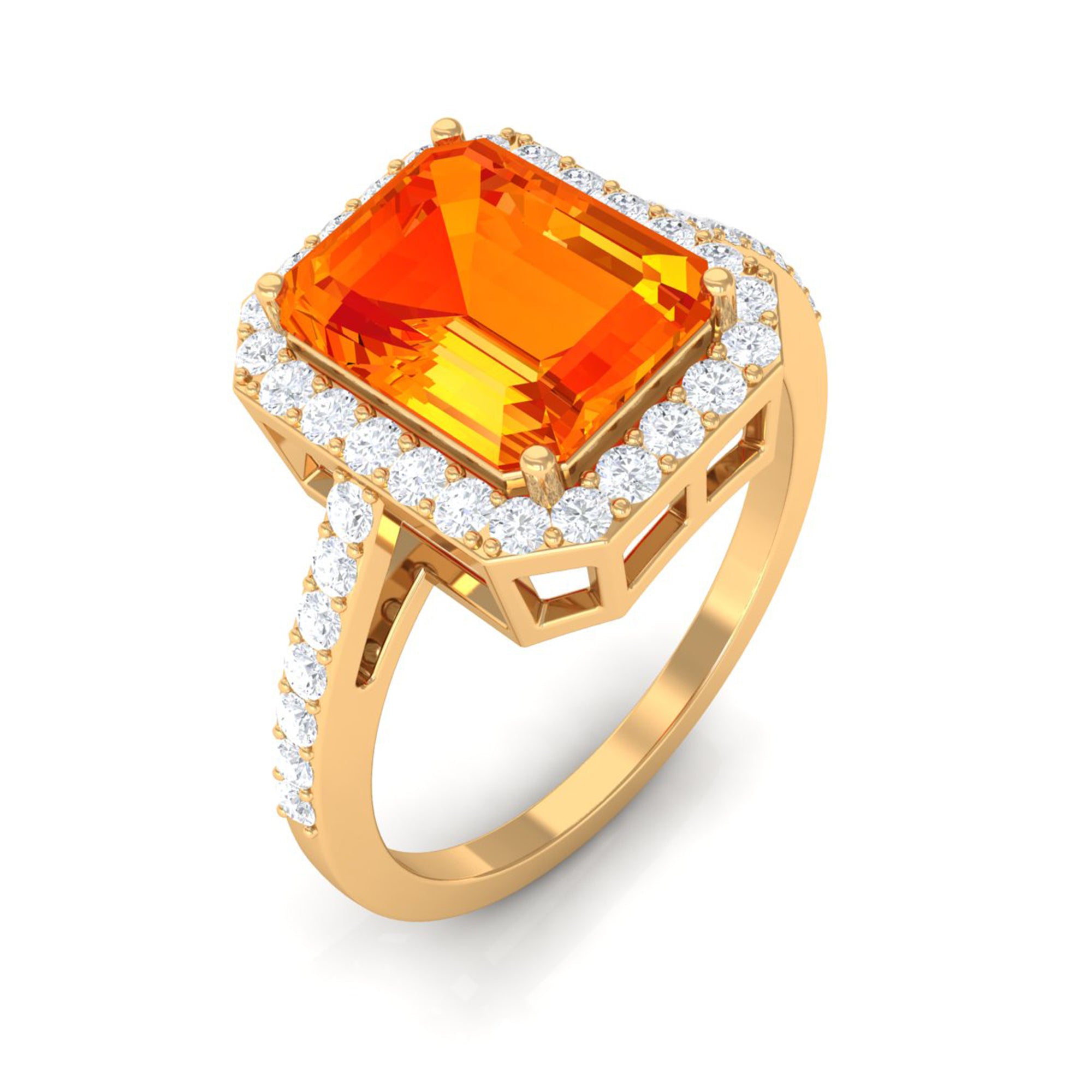 Lab Grown Orange Sapphire Emerald Cut Engagement Ring with Diamond Lab Created Orange Sapphire - ( AAAA ) - Quality - Rosec Jewels