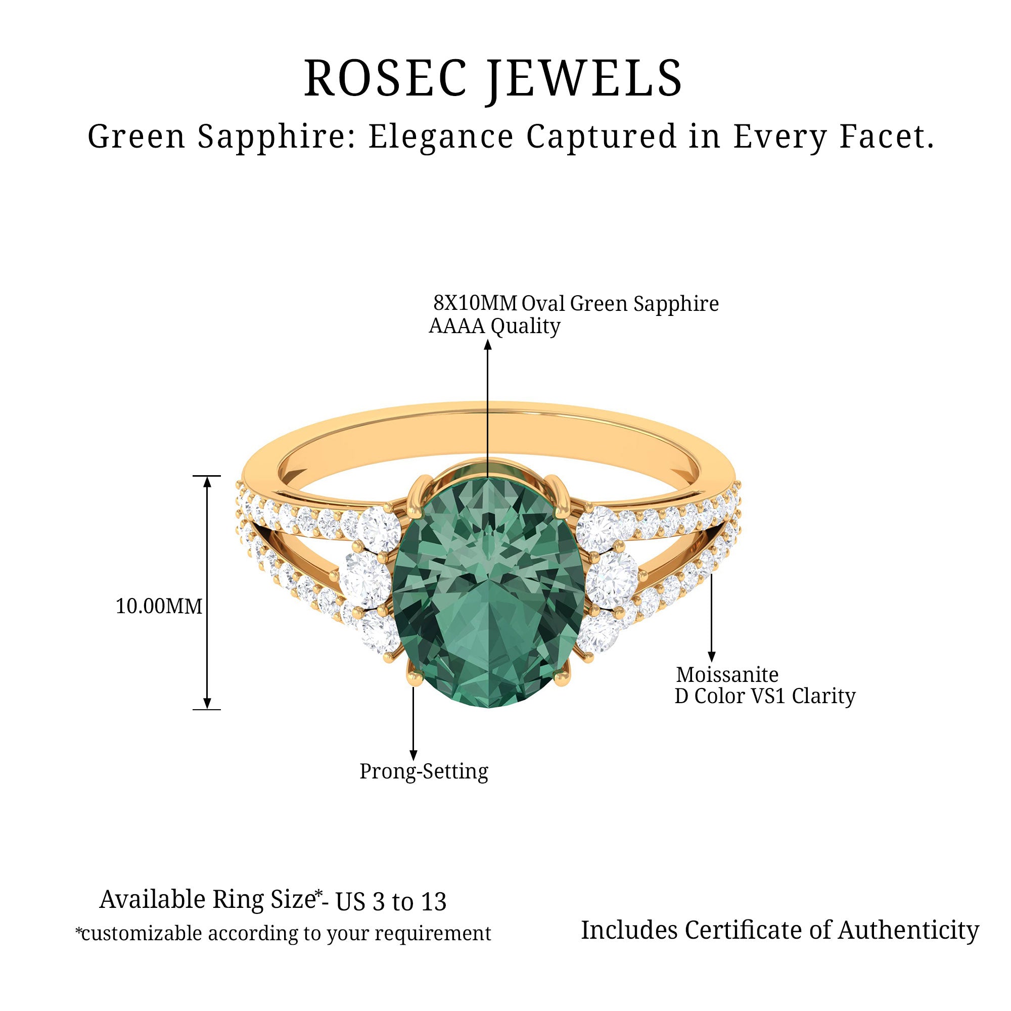 Lab Grown Green Sapphire Oval Engagement Ring with Moissanite Lab Created Green Sapphire - ( AAAA ) - Quality - Rosec Jewels