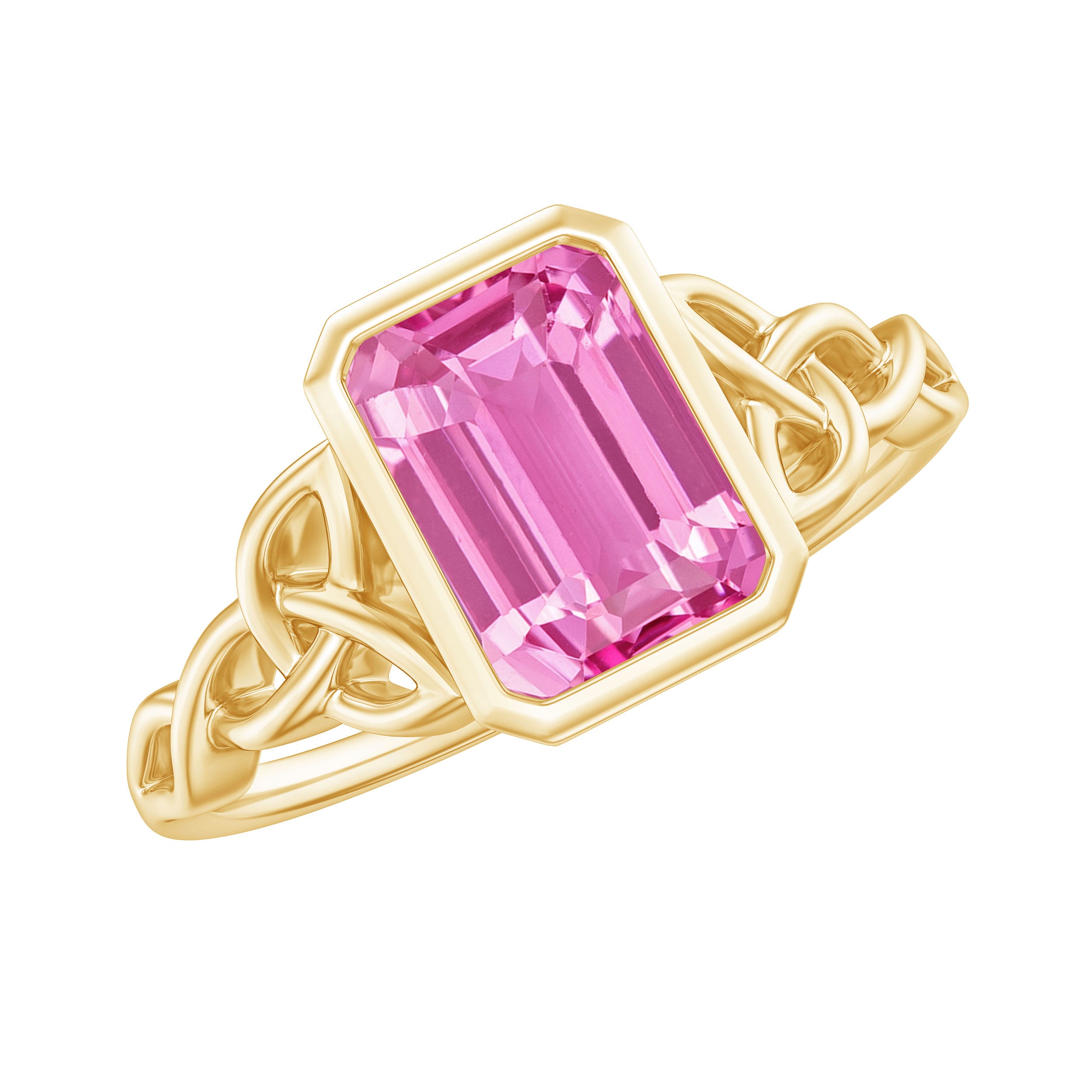 Emerald Cut Created Pink Sapphire Celtic Engagement Ring Lab Created Pink Sapphire - ( AAAA ) - Quality - Rosec Jewels