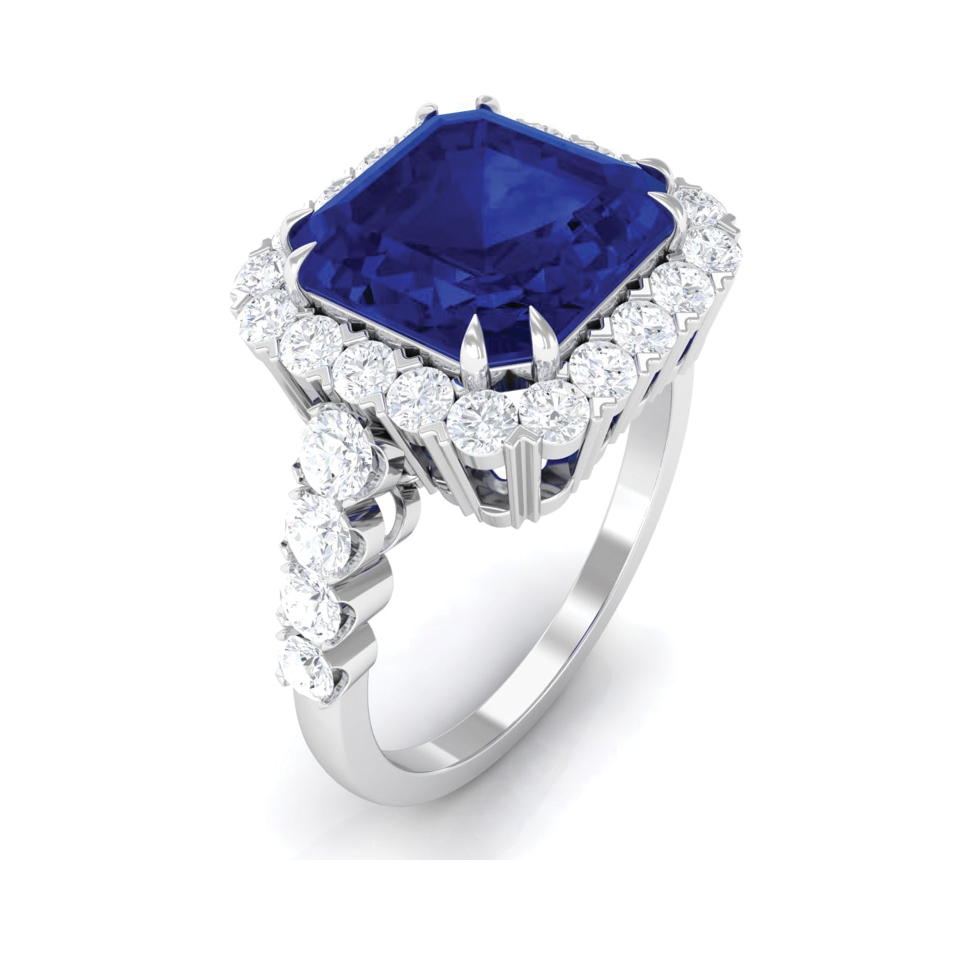 Created Blue Sapphire and Diamond Halo Engagement Ring Lab Created Blue Sapphire - ( AAAA ) - Quality - Rosec Jewels