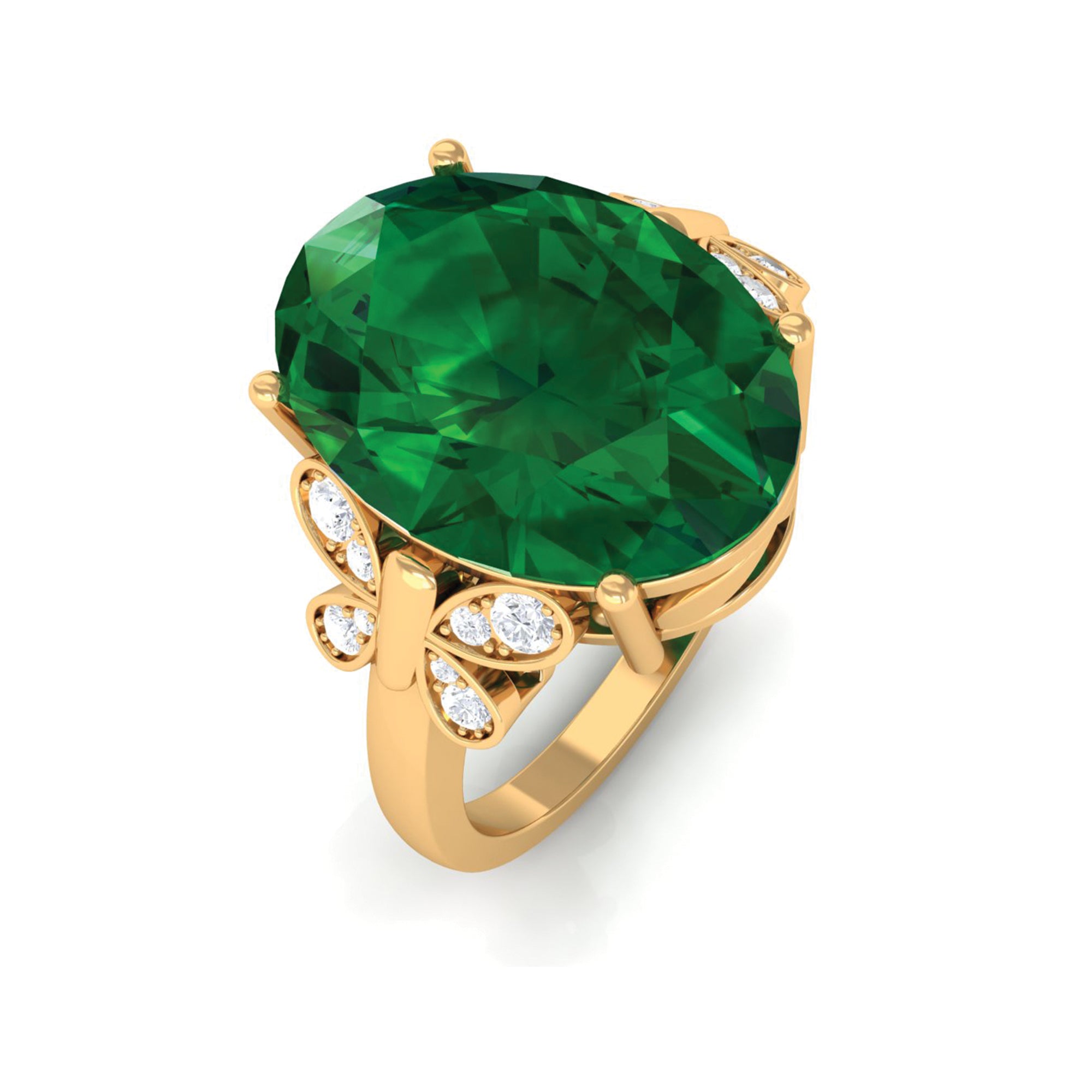 Oval Created Emerald Solitaire Engagement Ring with Diamond Lab Created Emerald - ( AAAA ) - Quality - Rosec Jewels