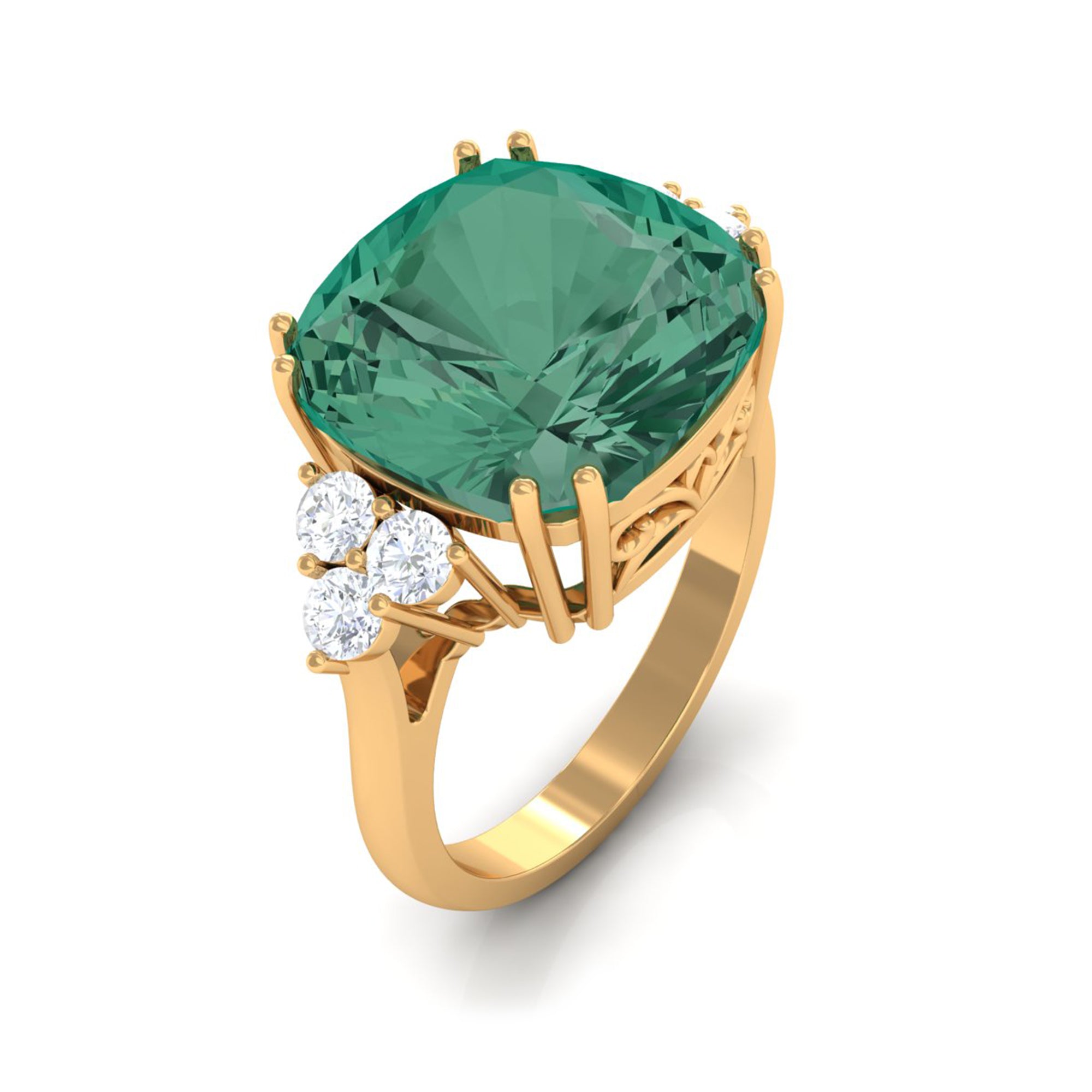 Created Green Sapphire Solitaire Engagement Ring with Moissanite Trio Lab Created Green Sapphire - ( AAAA ) - Quality - Rosec Jewels