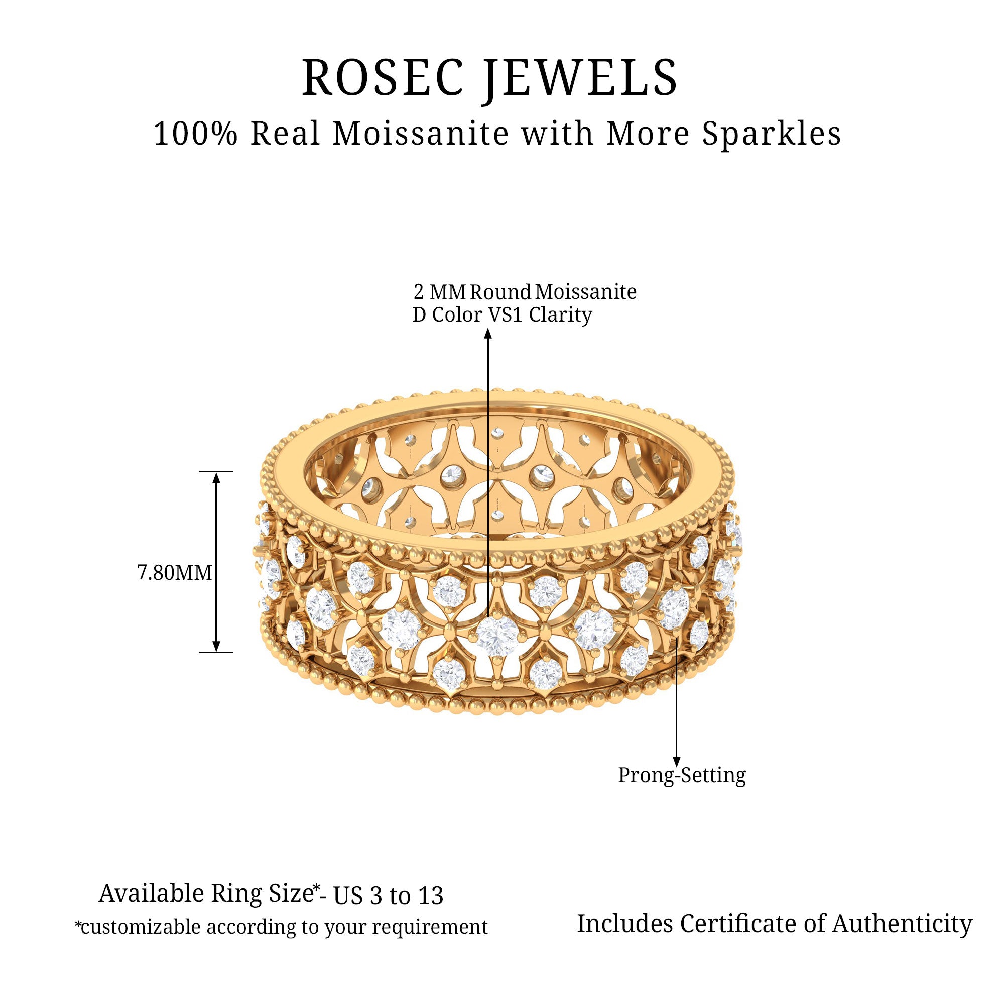 Designer Moissanite Wedding Band Ring Moissanite - ( D-VS1 ) - Color and Clarity - Rosec Jewels