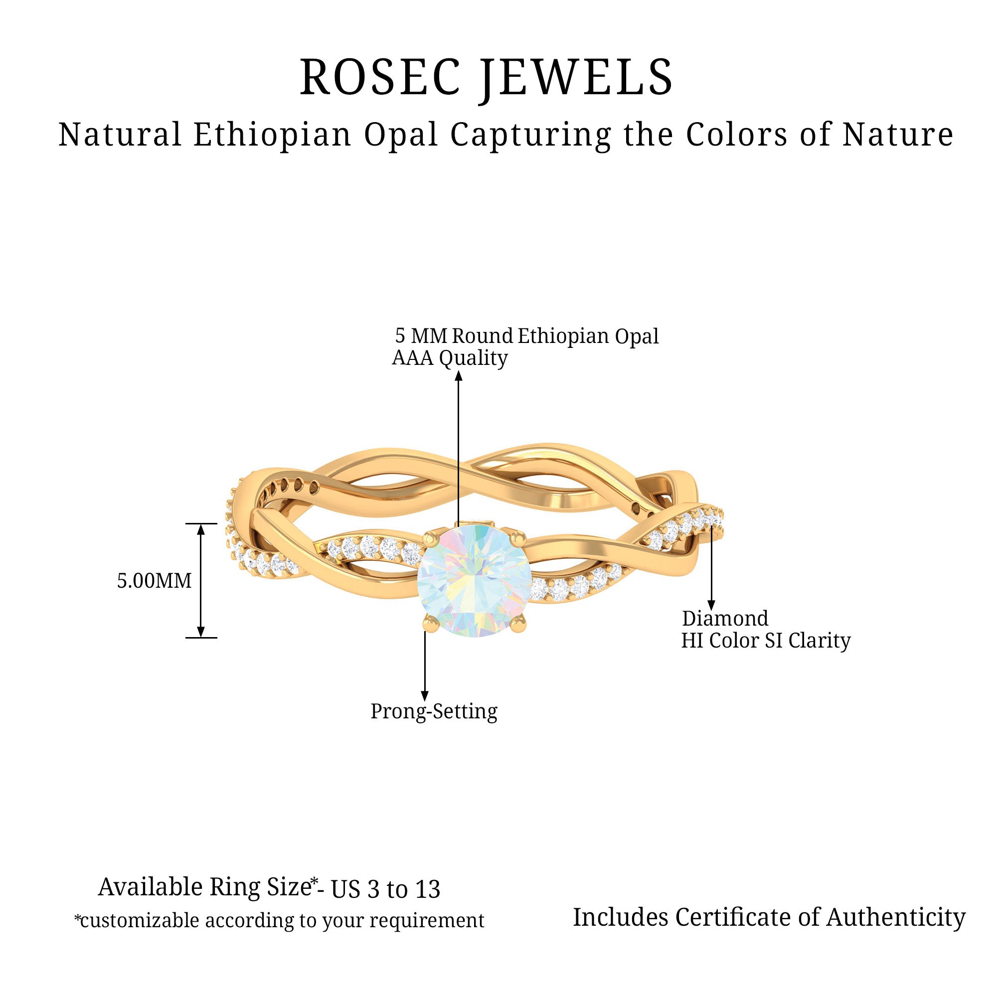 Ethiopian Opal Solitaire Ring with Diamond Braided Shank Ethiopian Opal - ( AAA ) - Quality - Rosec Jewels