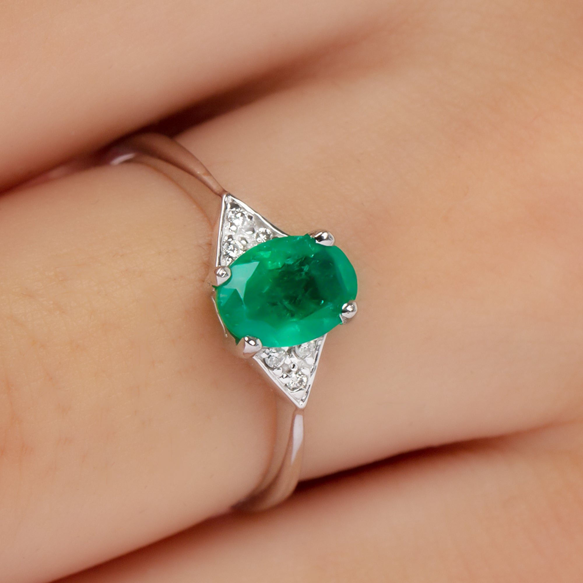 3/4 CT Oval Emerald Engagement Ring with Diamond Trio Emerald - ( AAA ) - Quality - Rosec Jewels