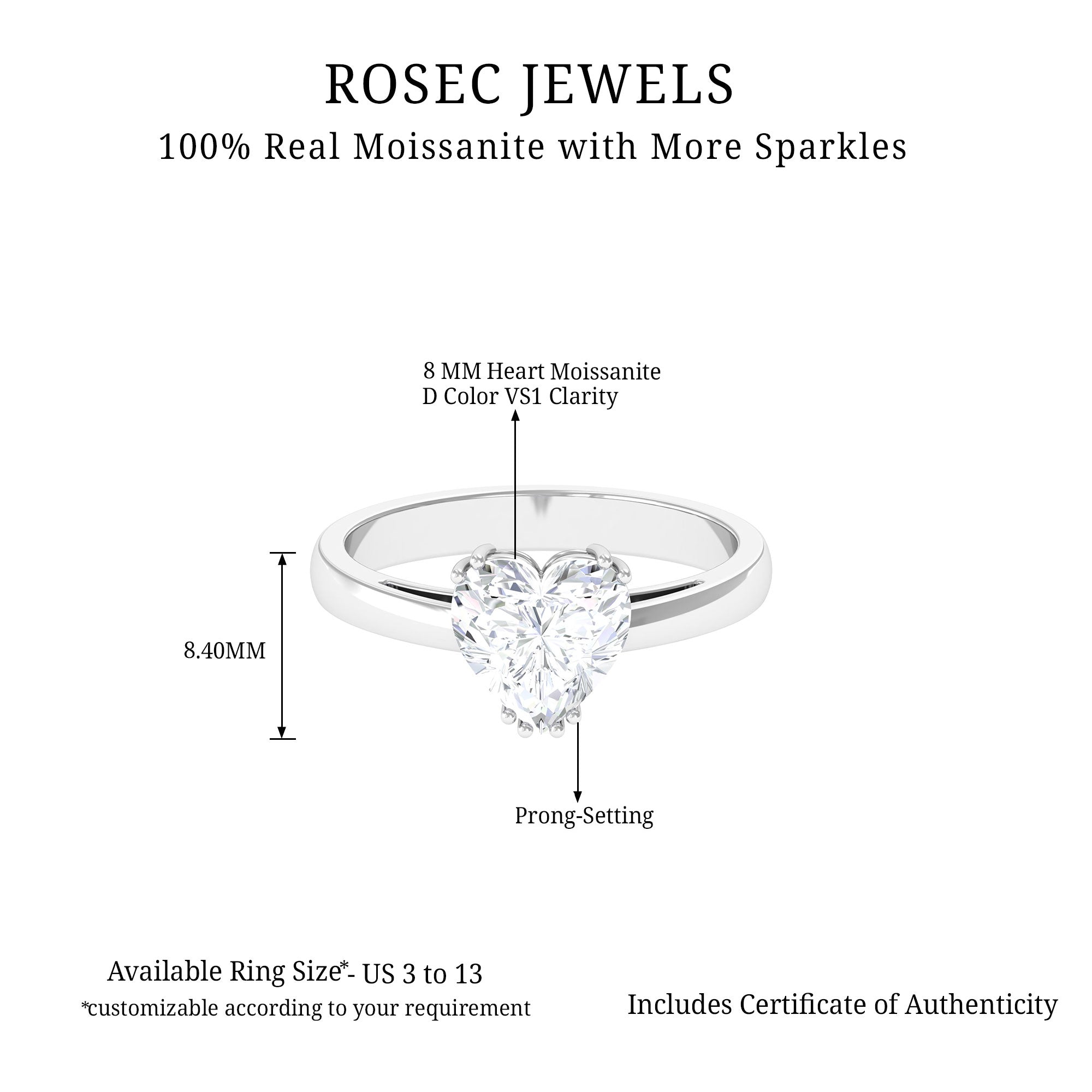 Certified Moissanite Solitaire Heart Engagement Ring Moissanite - ( D-VS1 ) - Color and Clarity - Rosec Jewels