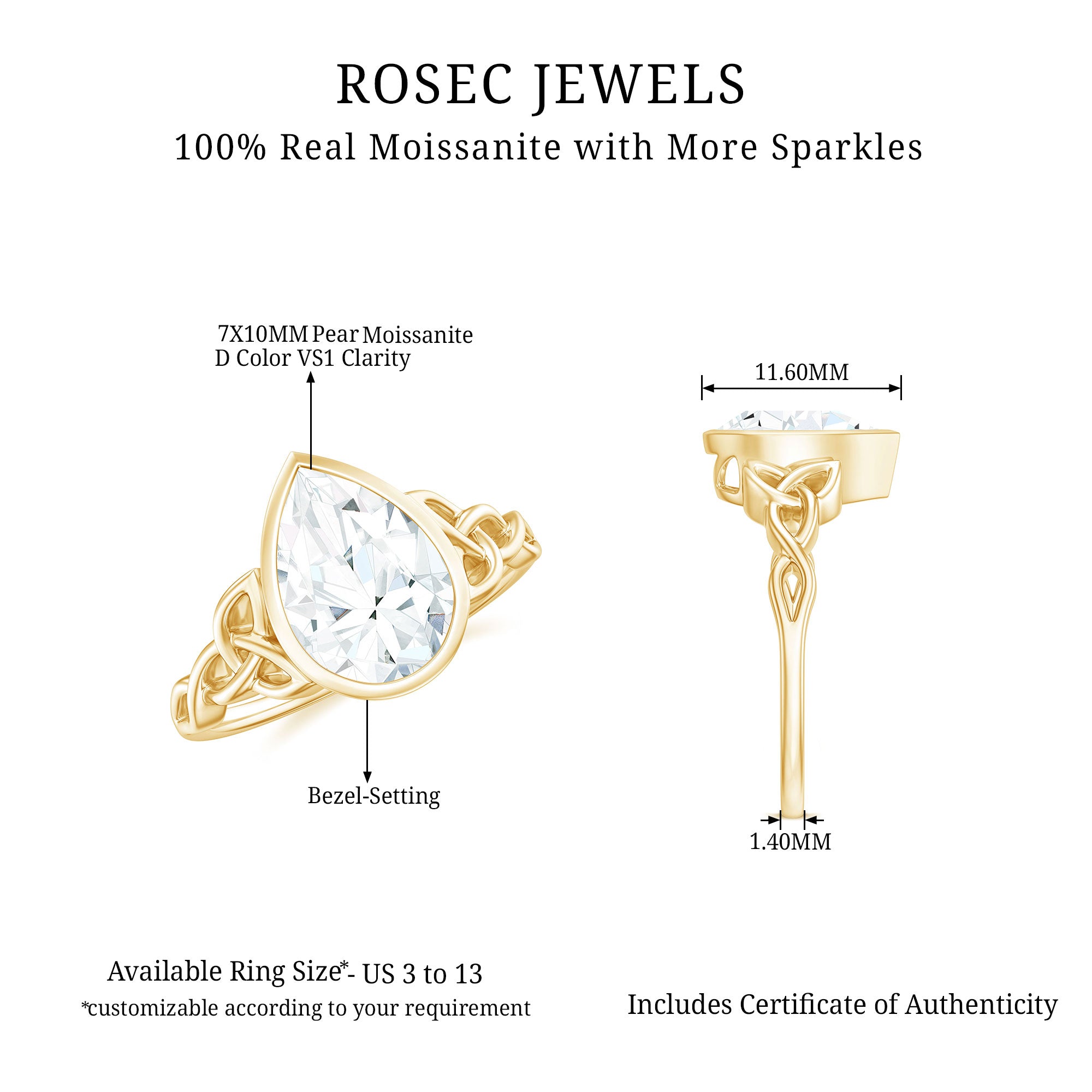 Pear Shape Moissanite Solitaire Celtic Knot Ring in Bezel Setting Moissanite - ( D-VS1 ) - Color and Clarity - Rosec Jewels