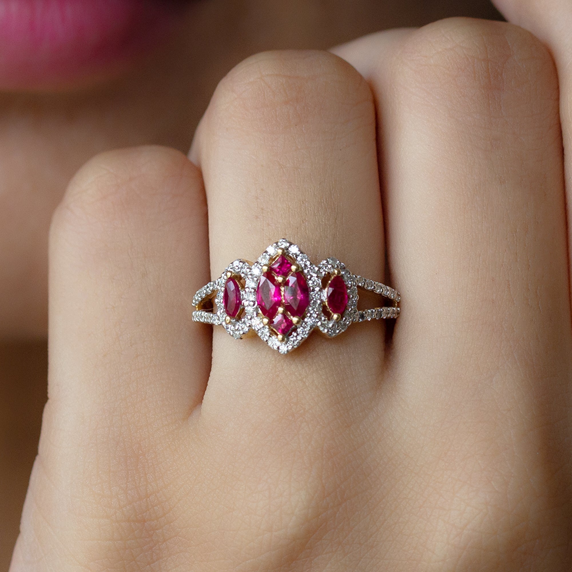 Split Shank Lab Grown Ruby and Diamond Cluster Engagement Ring Lab Created Ruby - ( AAAA ) - Quality - Rosec Jewels