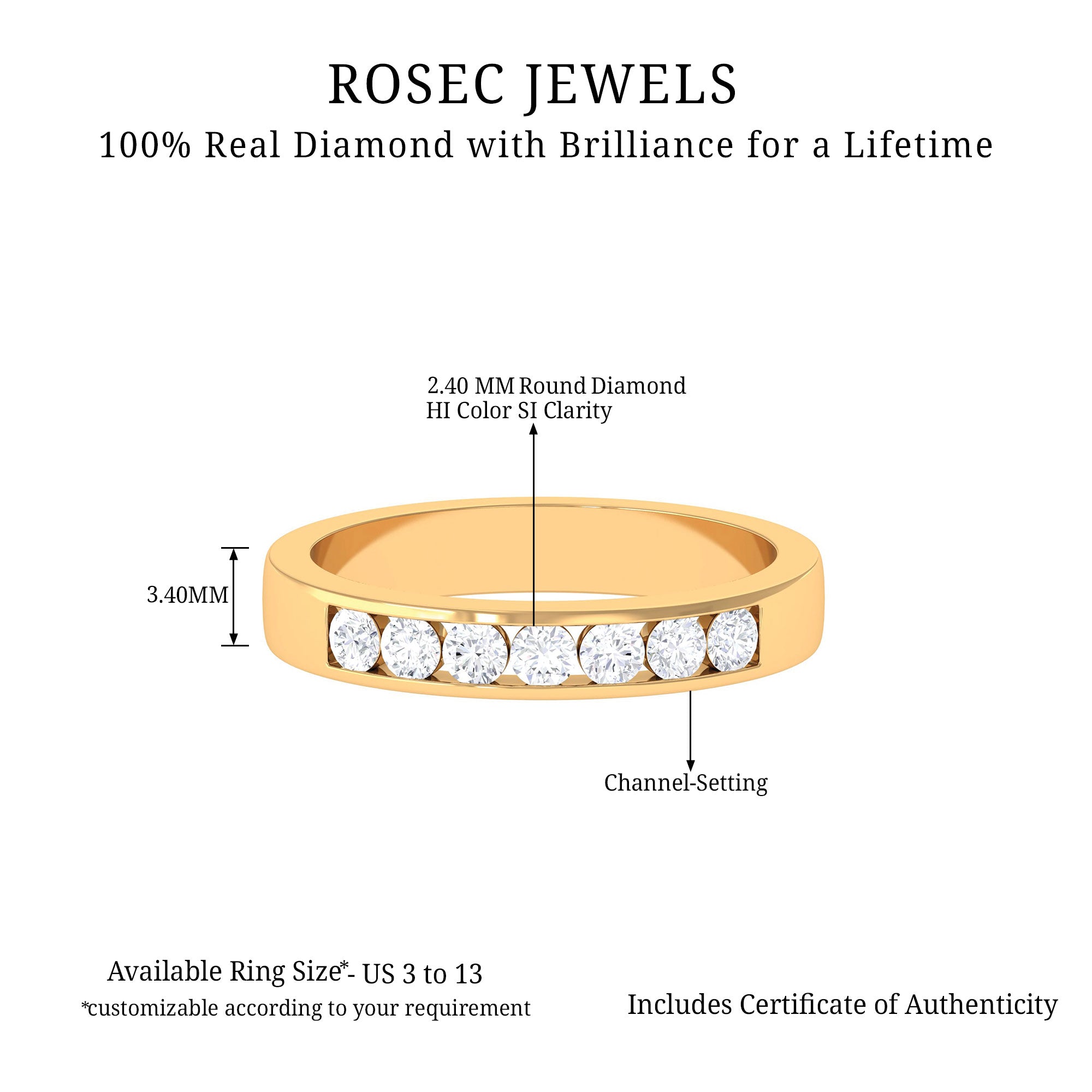 Seven Stone Diamond Band Ring in Channel Setting Diamond - ( HI-SI ) - Color and Clarity - Rosec Jewels