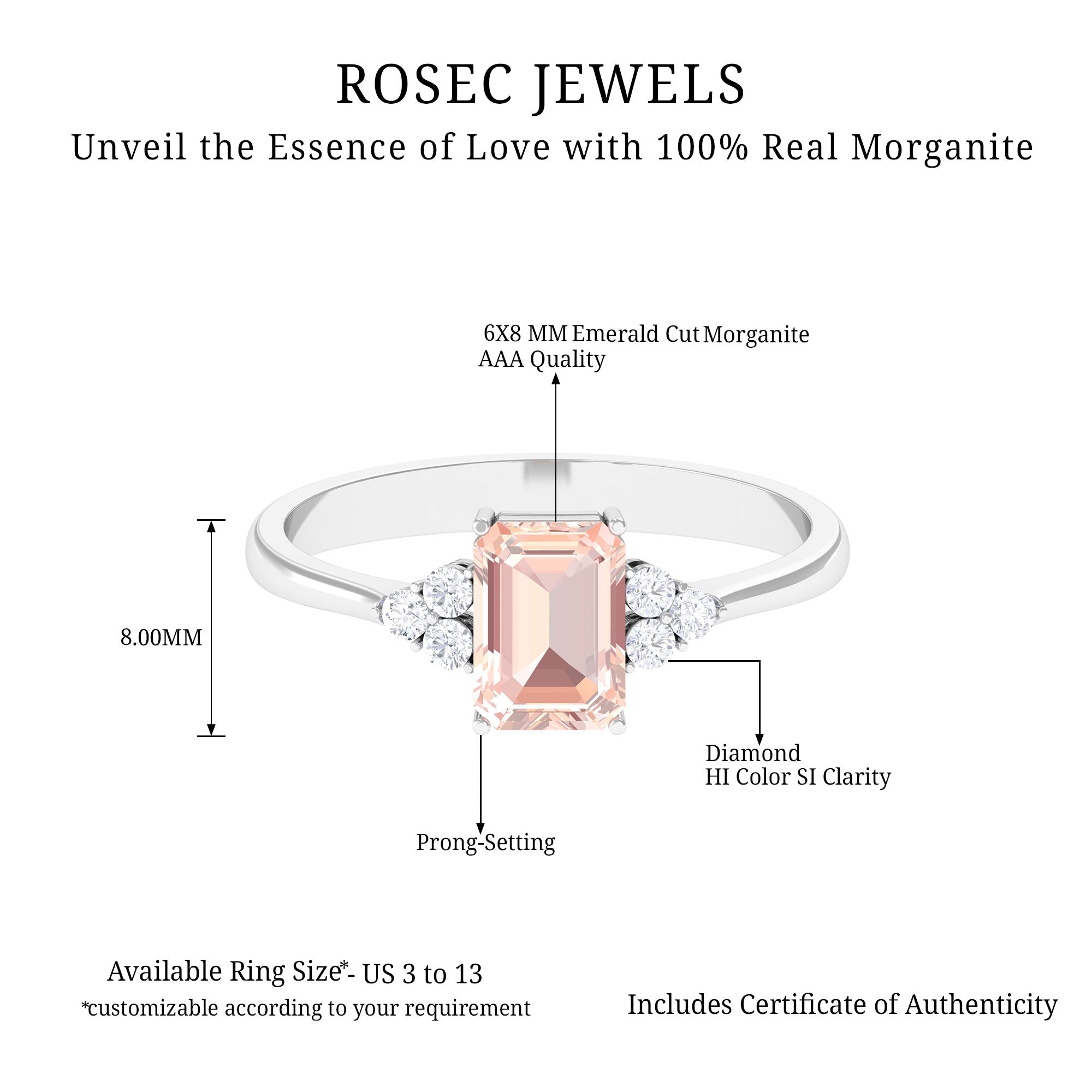 Emerald Cut Morganite Solitaire Engagement Ring with Diamond Trio Morganite - ( AAA ) - Quality - Rosec Jewels