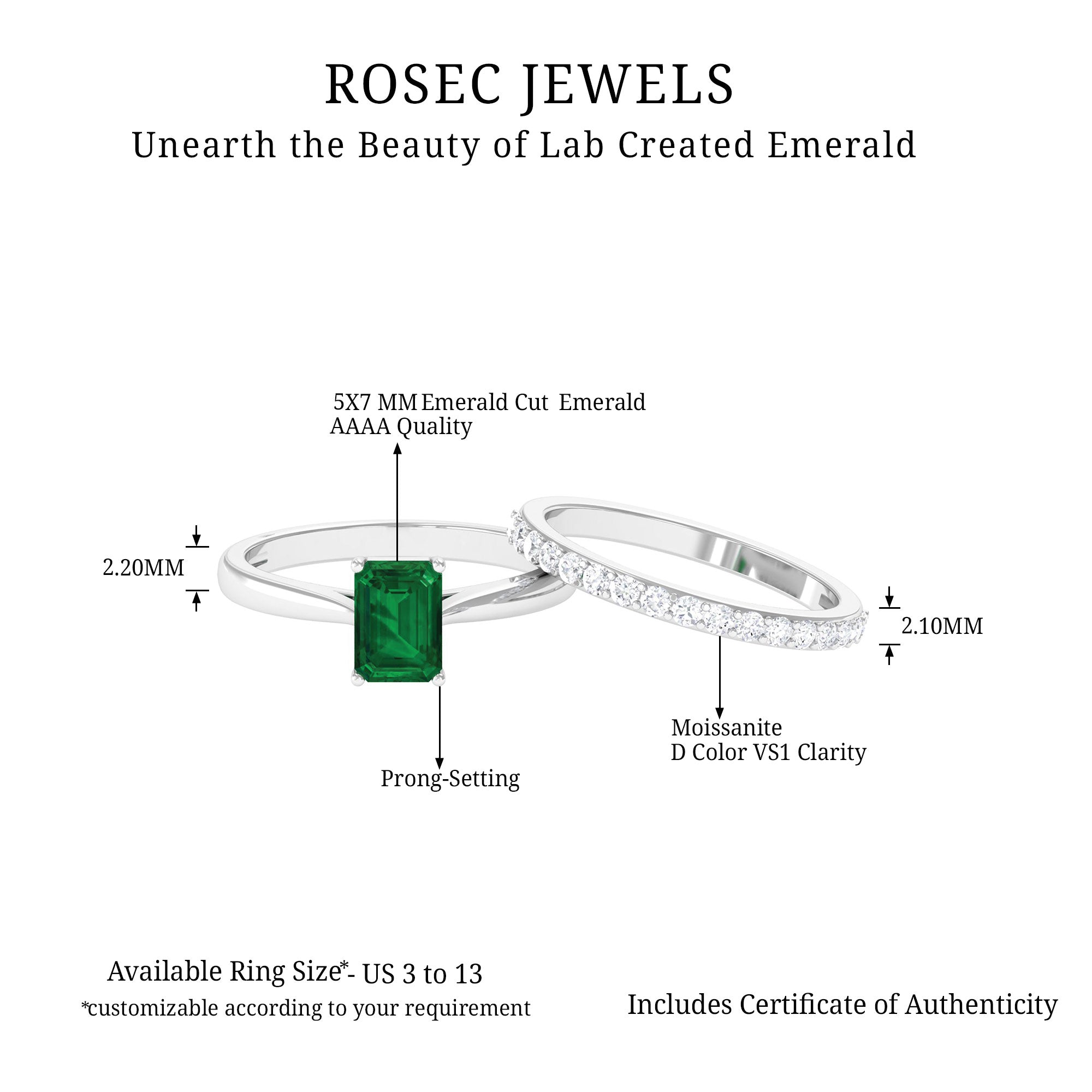 Octagon cut Lab Grown Emerald Solitaire Ring Set with Moissanite Lab Created Emerald - ( AAAA ) - Quality - Rosec Jewels