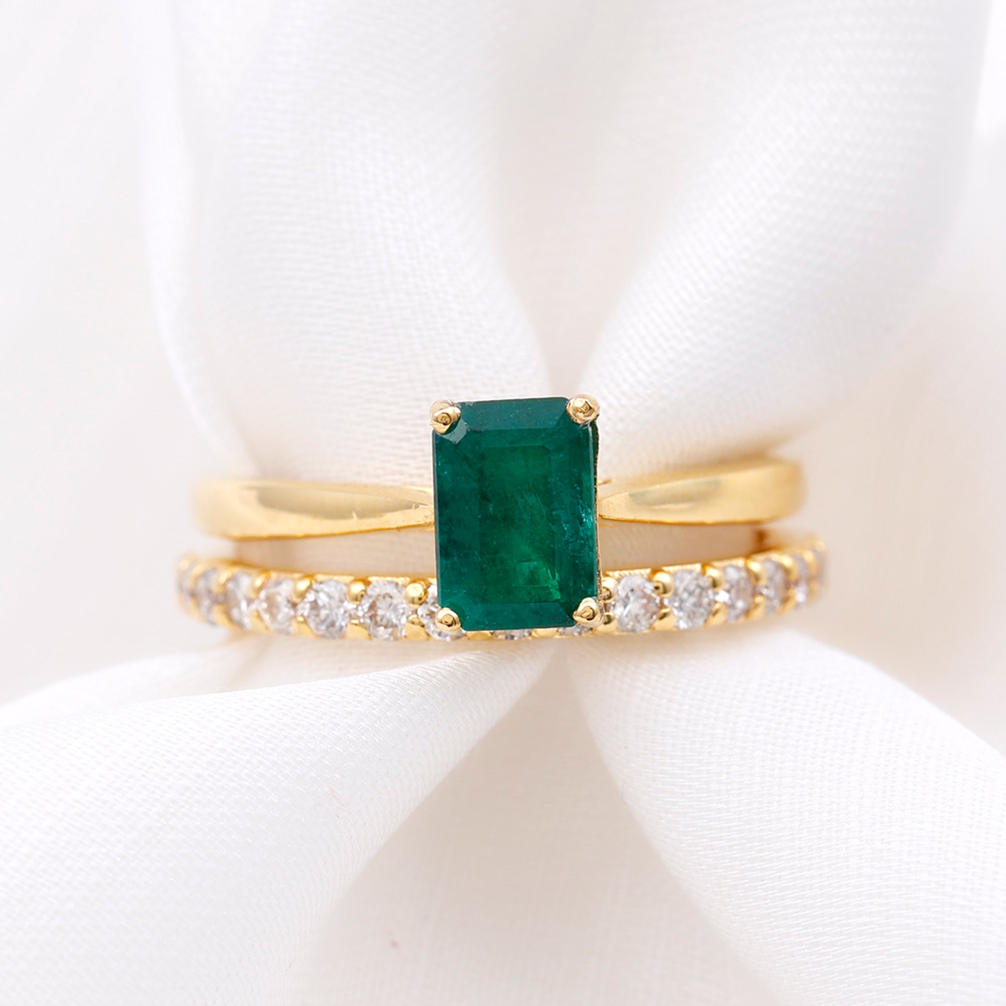 Octagon cut Lab Grown Emerald Solitaire Ring Set with Moissanite Lab Created Emerald - ( AAAA ) - Quality - Rosec Jewels