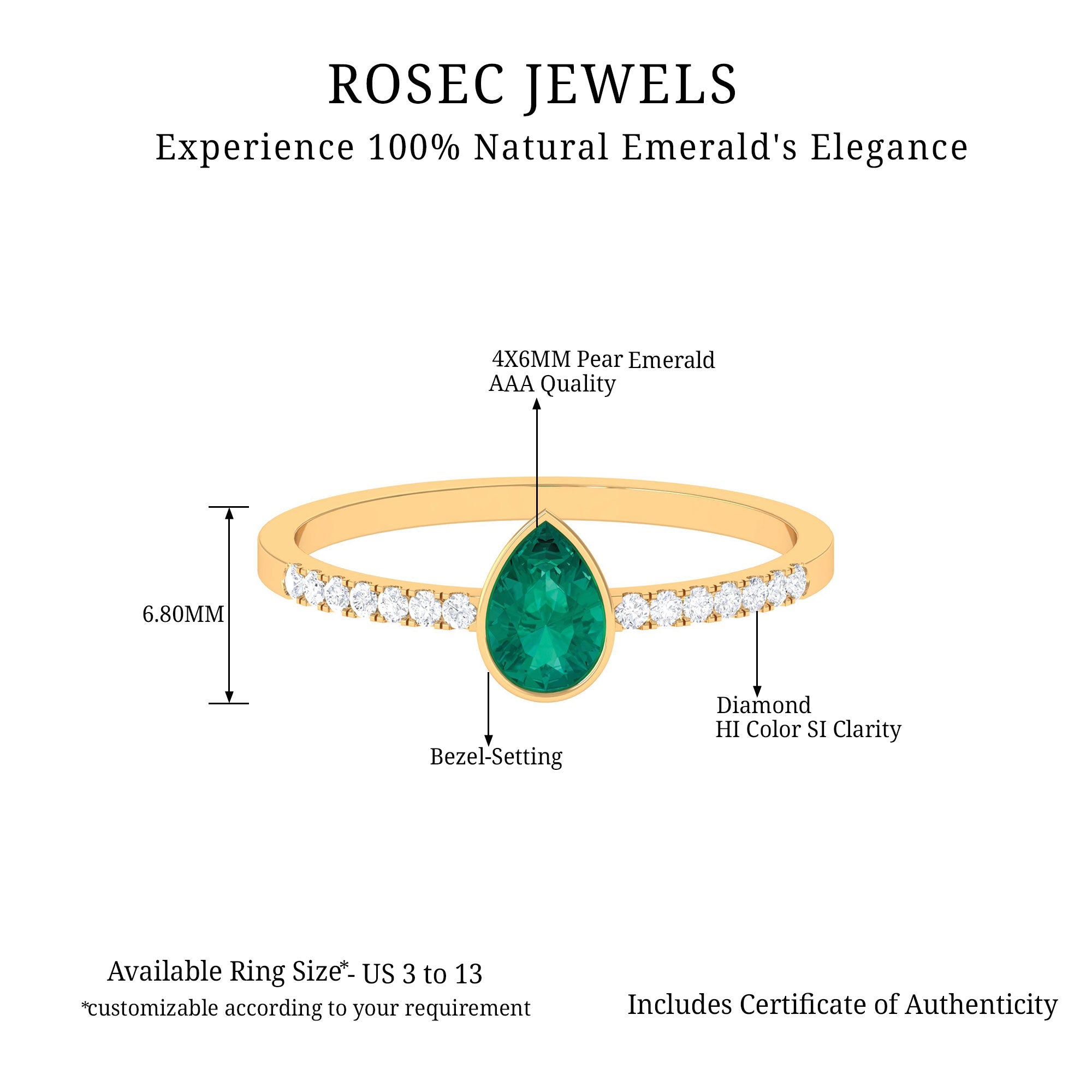 Pear Cut Emerald Solitaire Ring with Diamond Emerald - ( AAA ) - Quality - Rosec Jewels