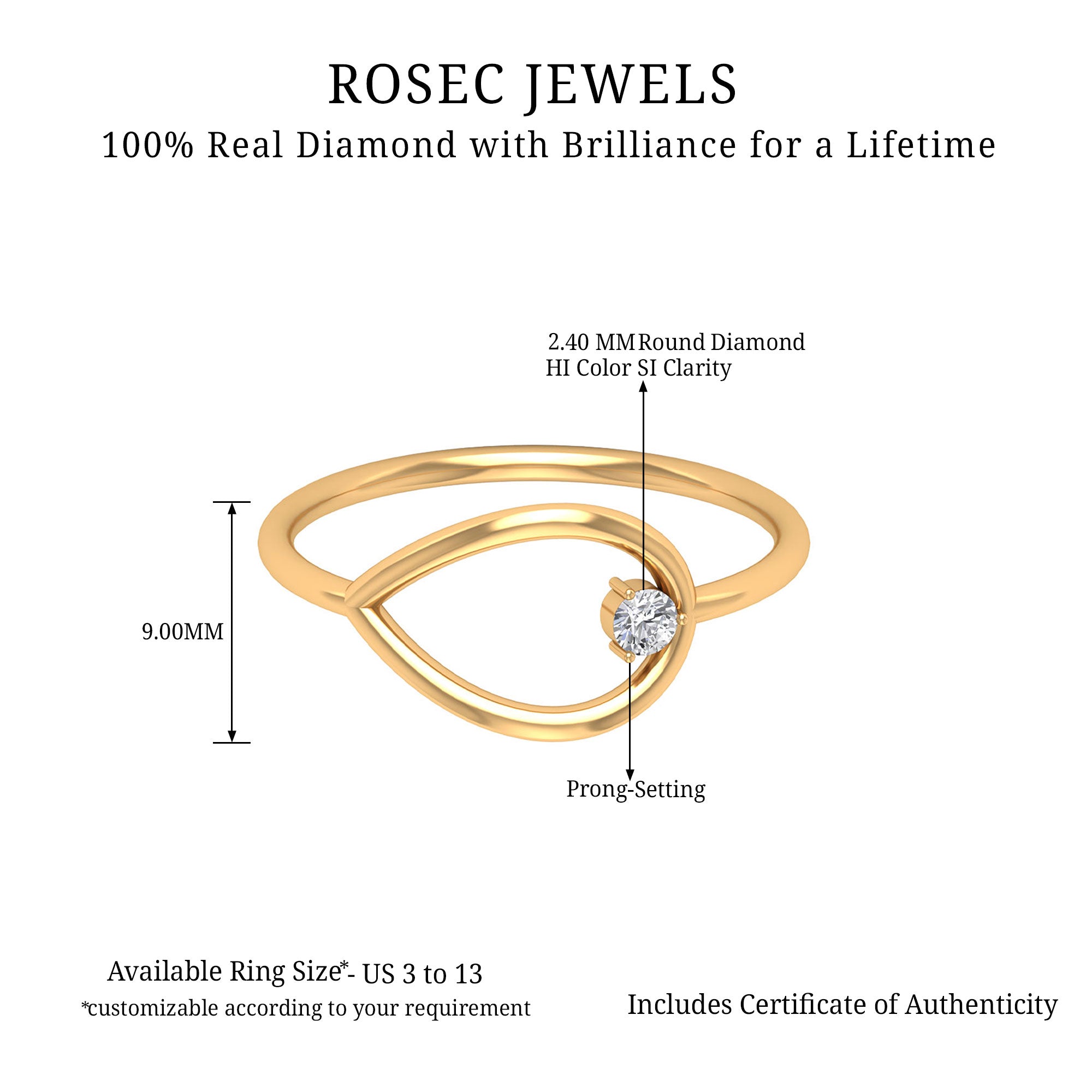 Gold Embellished Open Teardrop Diamond Ring in Prong Setting Diamond - ( HI-SI ) - Color and Clarity - Rosec Jewels