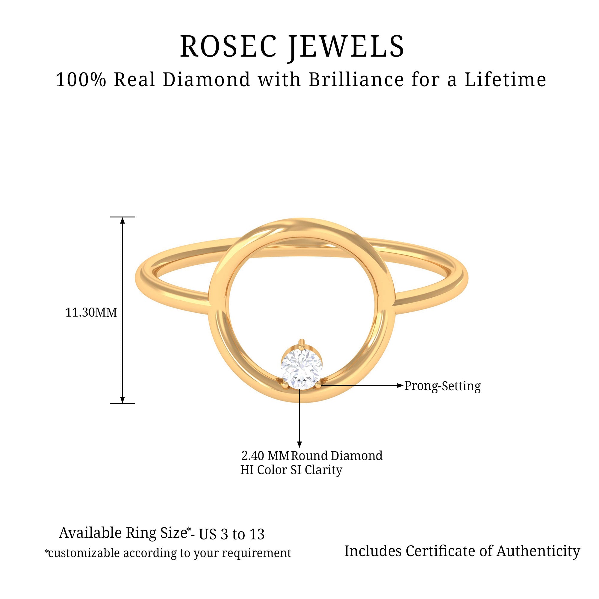 Diamond and Gold Open Circle Ring for Women Diamond - ( HI-SI ) - Color and Clarity - Rosec Jewels