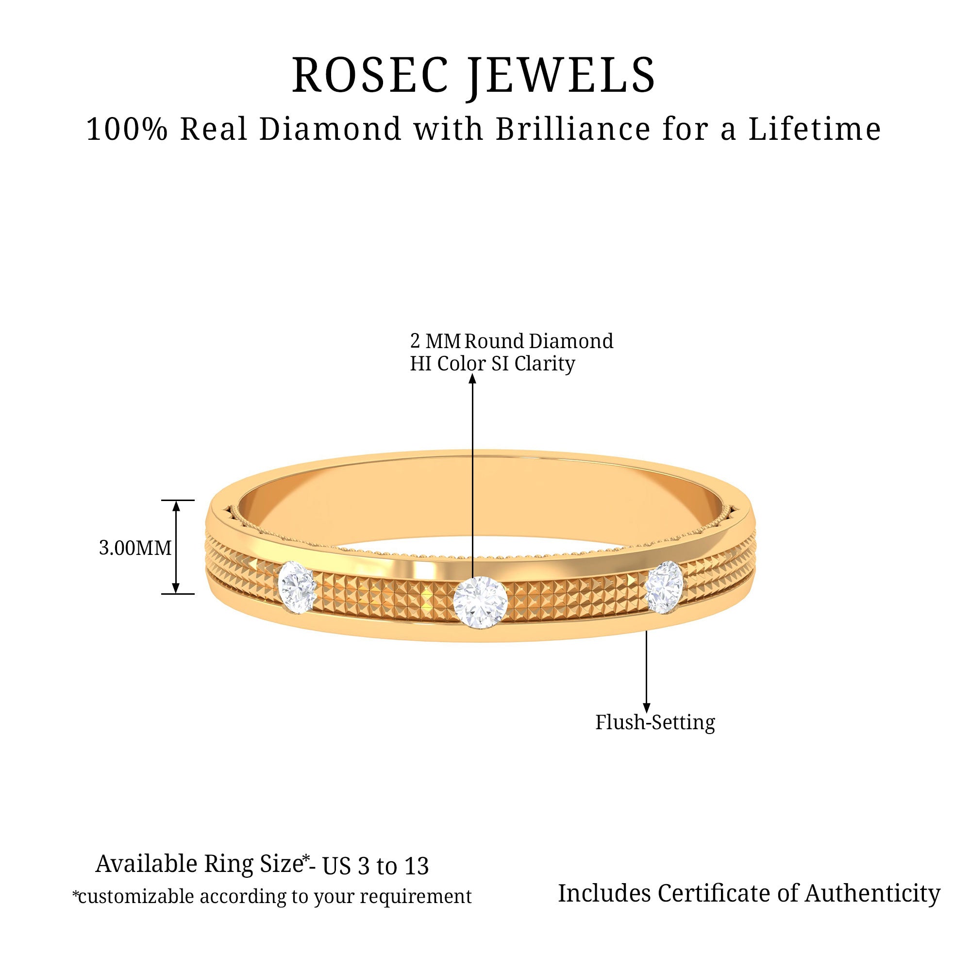 Statement Diamond Gold Band Ring in Flush Setting Diamond - ( HI-SI ) - Color and Clarity - Rosec Jewels