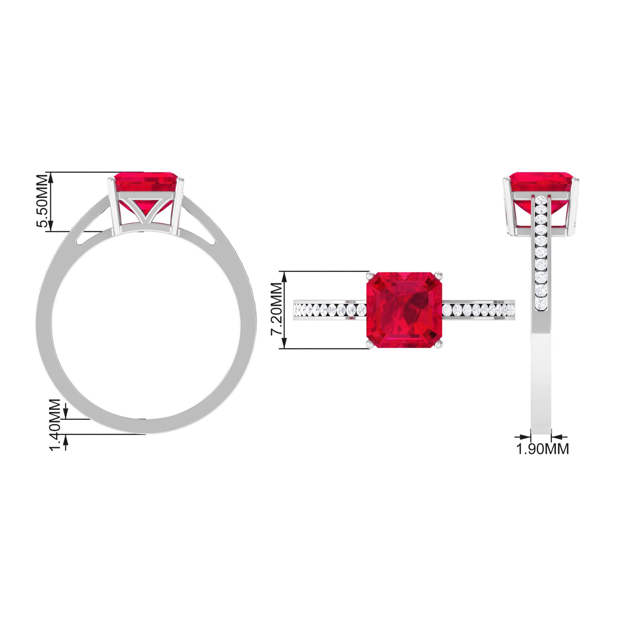 4.25 CT Asscher Cut Created Ruby Solitaire Engagement Ring with Diamond Side Stones Lab Created Ruby - ( AAAA ) - Quality - Rosec Jewels