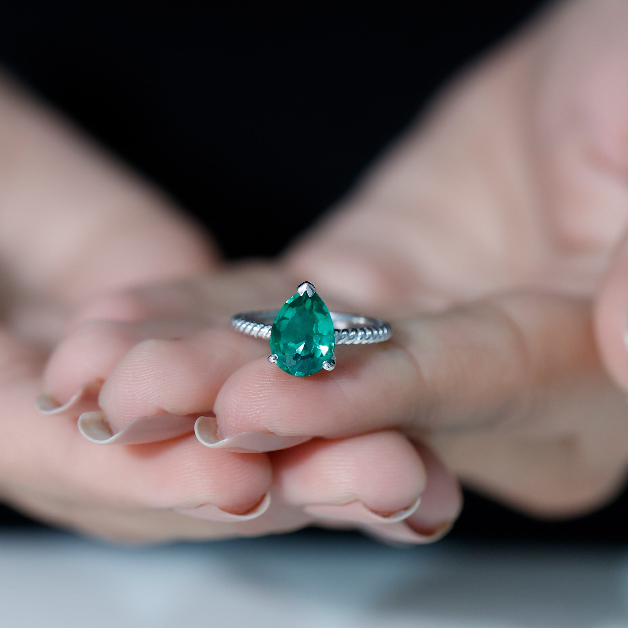 Created Emerald Solitaire Teardrop Ring with Hidden Moissanite Lab Created Emerald - ( AAAA ) - Quality - Rosec Jewels