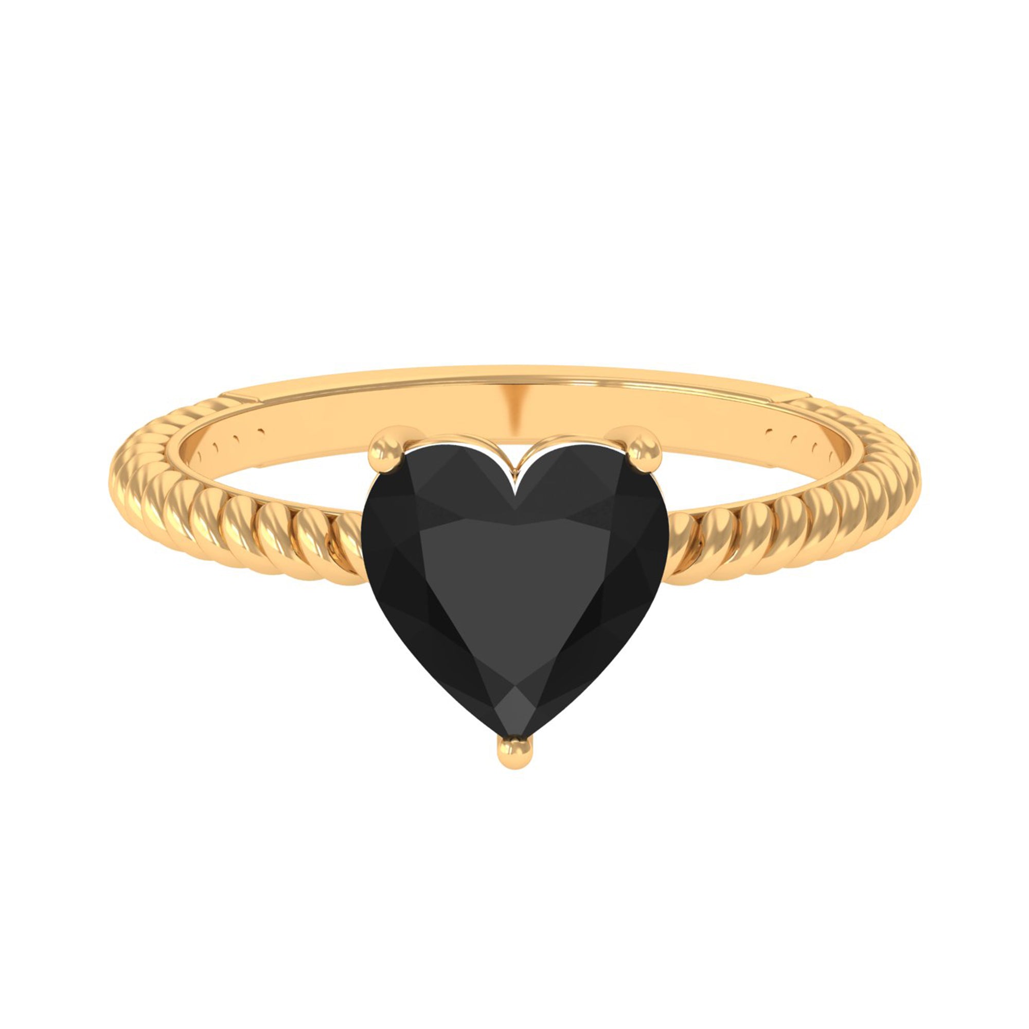 8 MM Heart Shape Created Black Diamond Solitaire Gold Rope Ring Lab Created Black Diamond - ( AAAA ) - Quality - Rosec Jewels