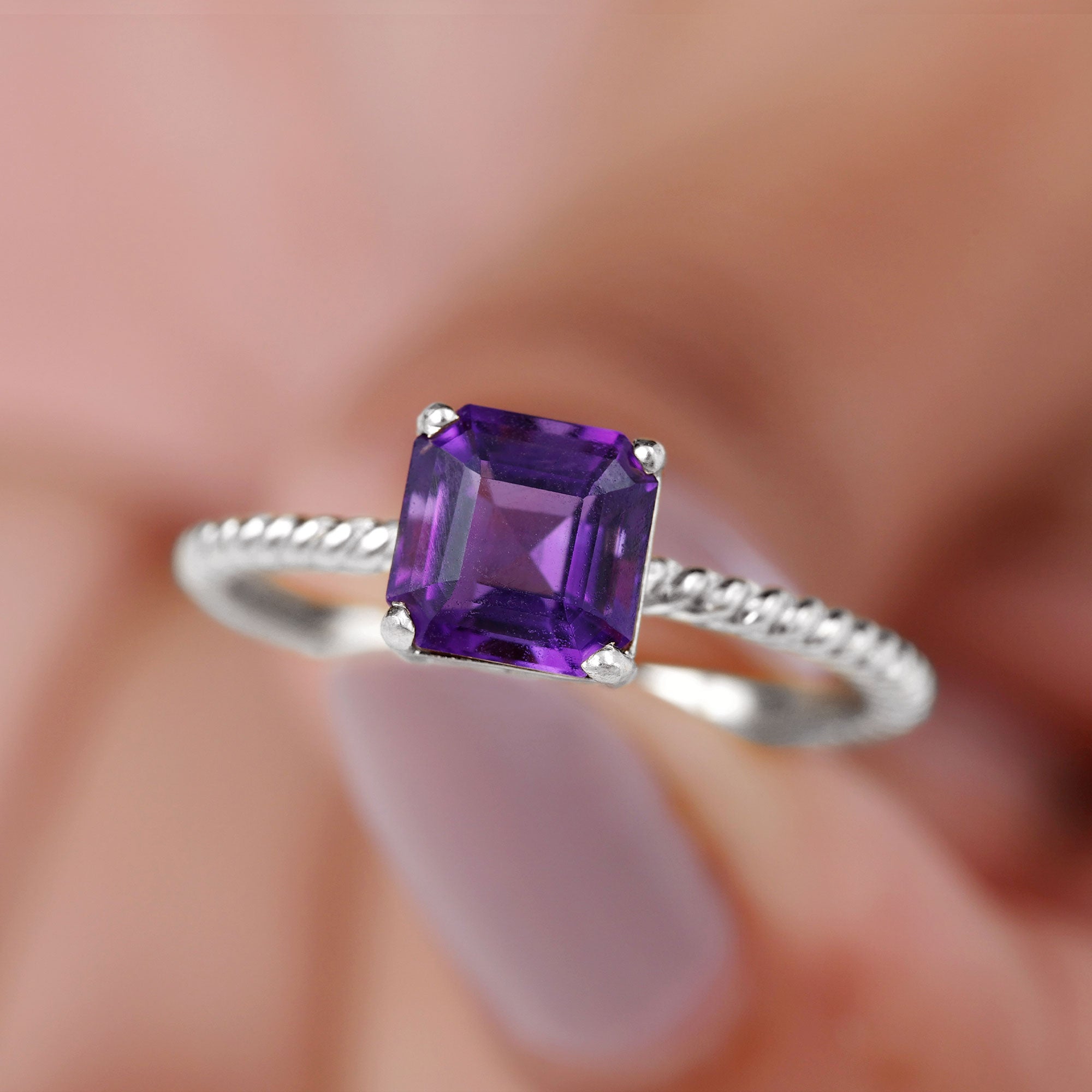 Asscher Cut Amethyst Solitaire Ring with Twisted Rope Details Amethyst - ( AAA ) - Quality - Rosec Jewels