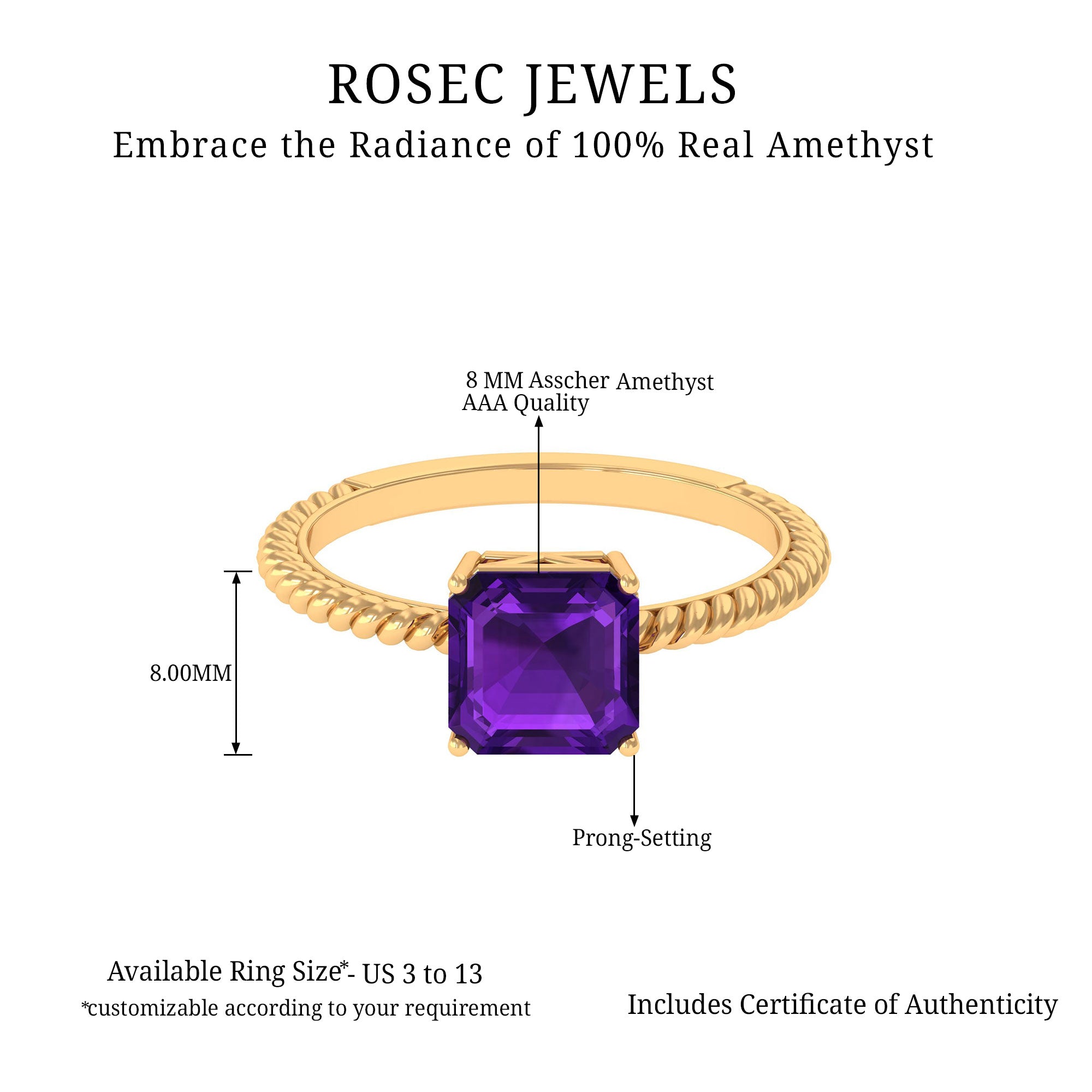 Asscher Cut Amethyst Solitaire Ring with Twisted Rope Details Amethyst - ( AAA ) - Quality - Rosec Jewels