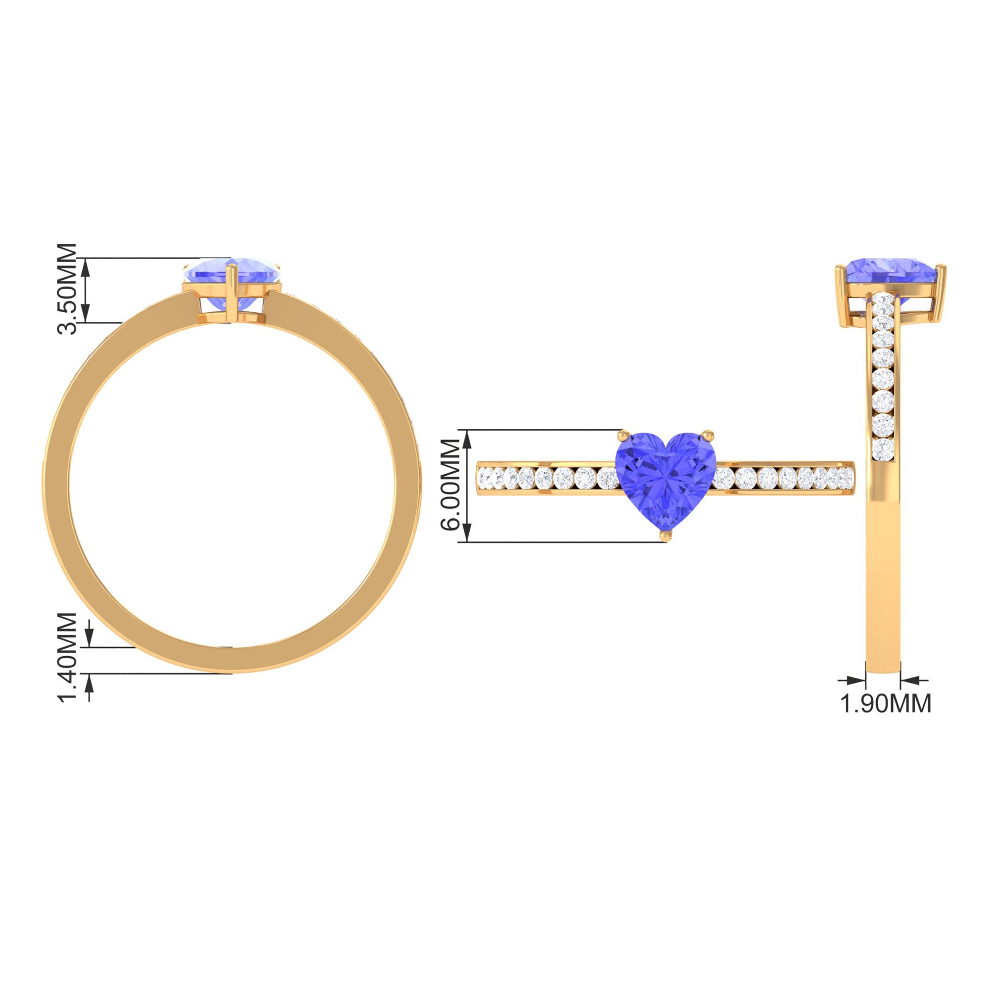 Heart Shape Tanzanite Solitaire Ring with Channel Set Diamond Tanzanite - ( AAA ) - Quality - Rosec Jewels