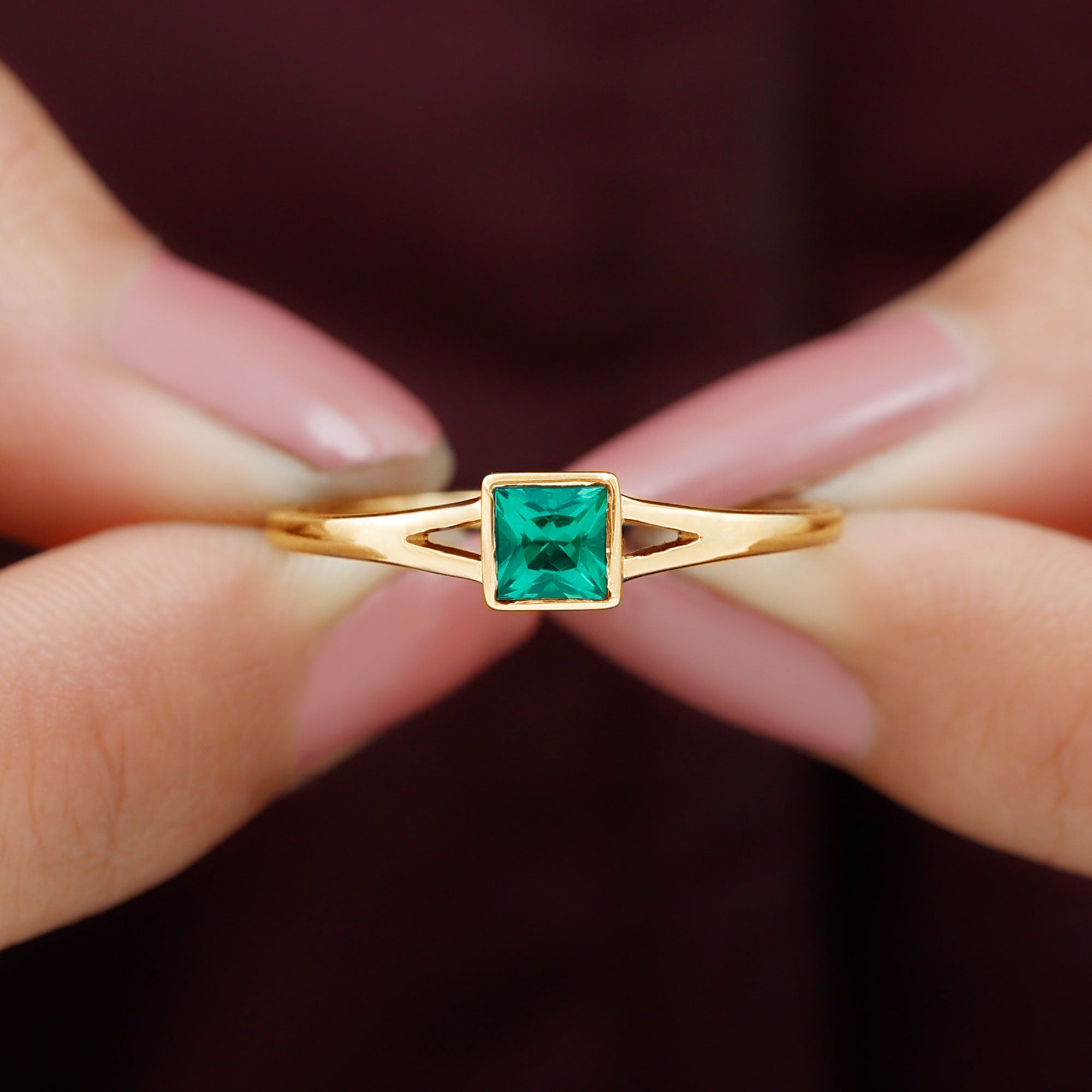 Princess Cut Lab Grown Emerald Solitaire Ring with Split Shank Lab Created Emerald - ( AAAA ) - Quality - Rosec Jewels