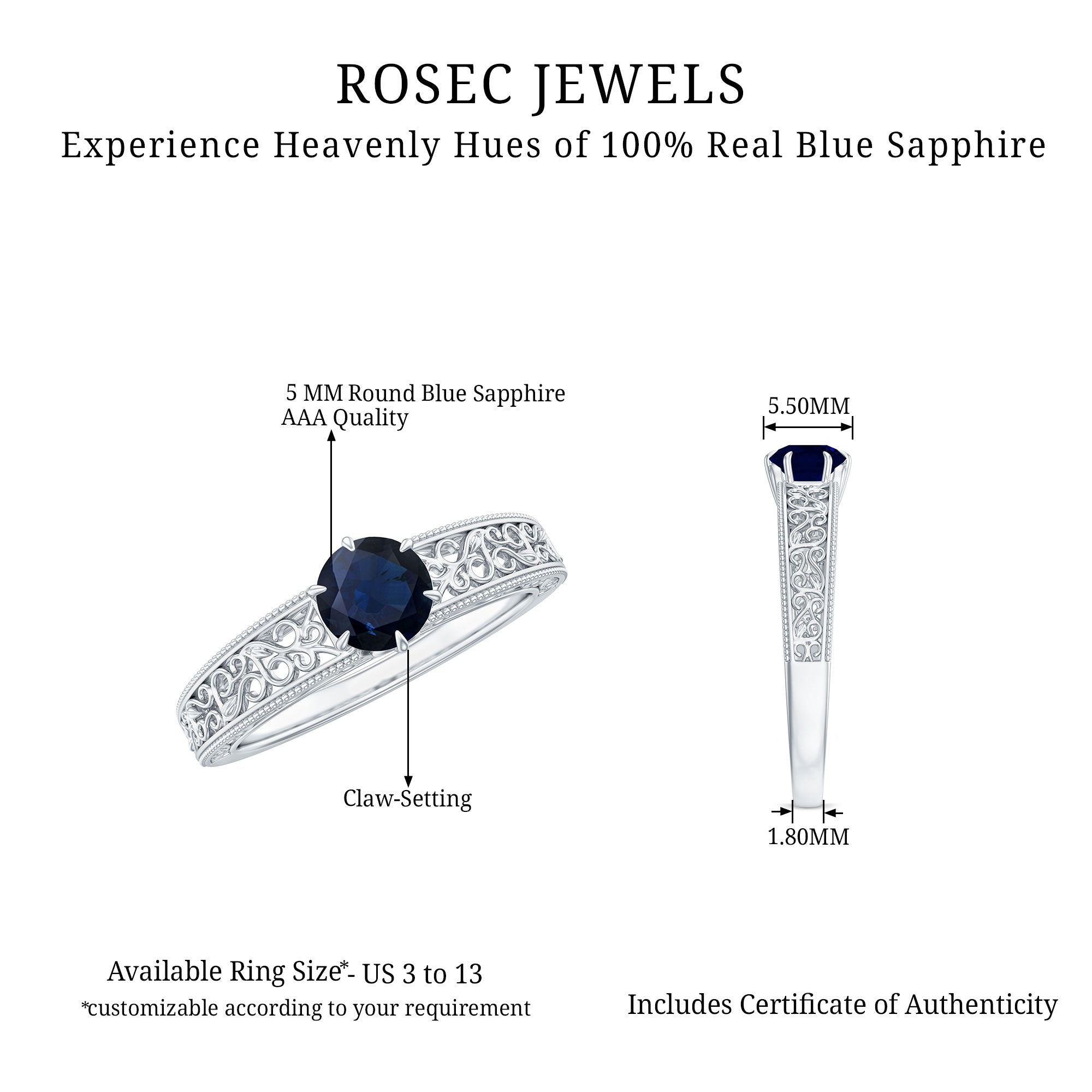 1 CT Round Cut Solitaire Blue Sapphire Filigree Engagement Ring Blue Sapphire - ( AAA ) - Quality - Rosec Jewels