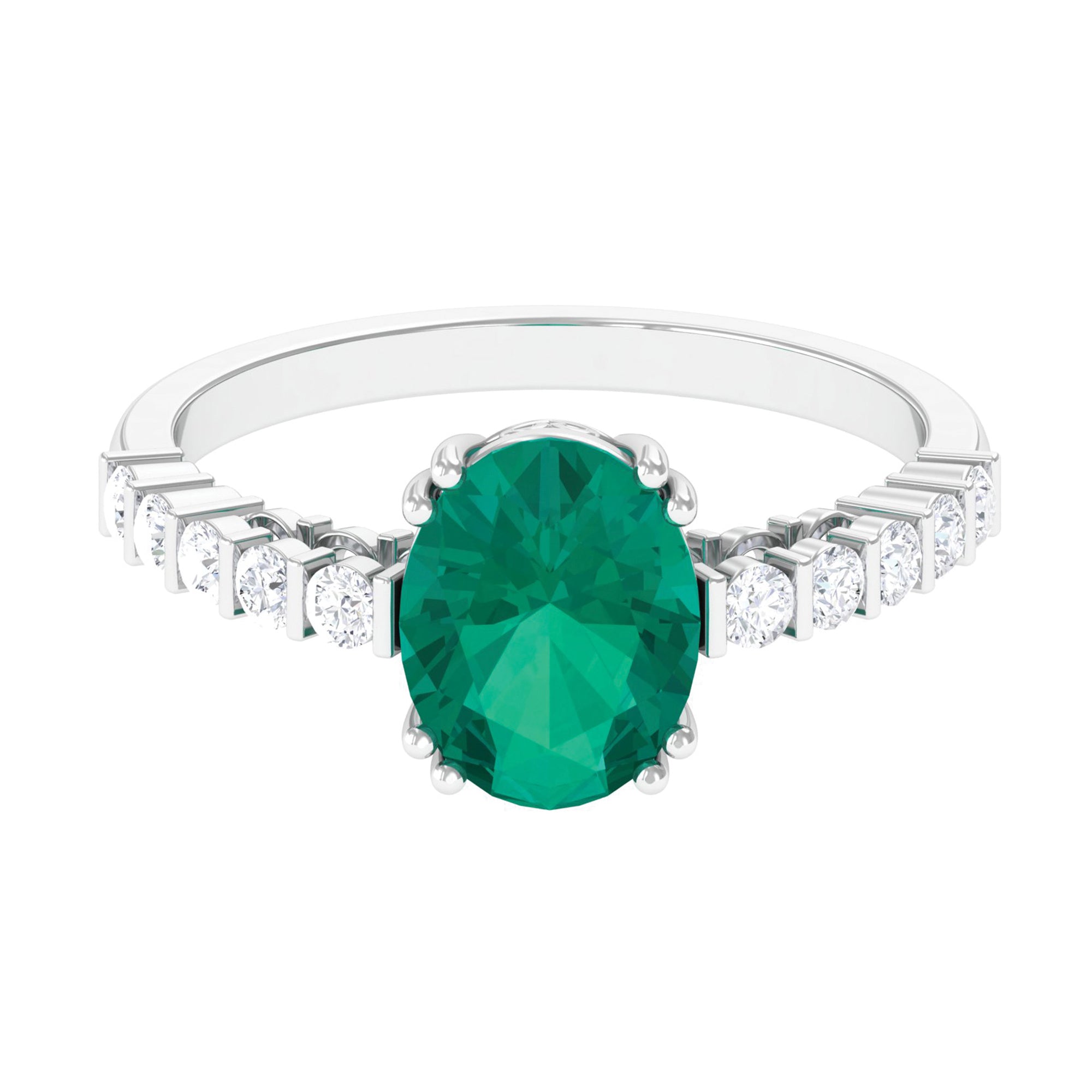 2.5 CT Oval Created Emerald Solitaire Engagement Ring with Diamond Lab Created Emerald - ( AAAA ) - Quality - Rosec Jewels