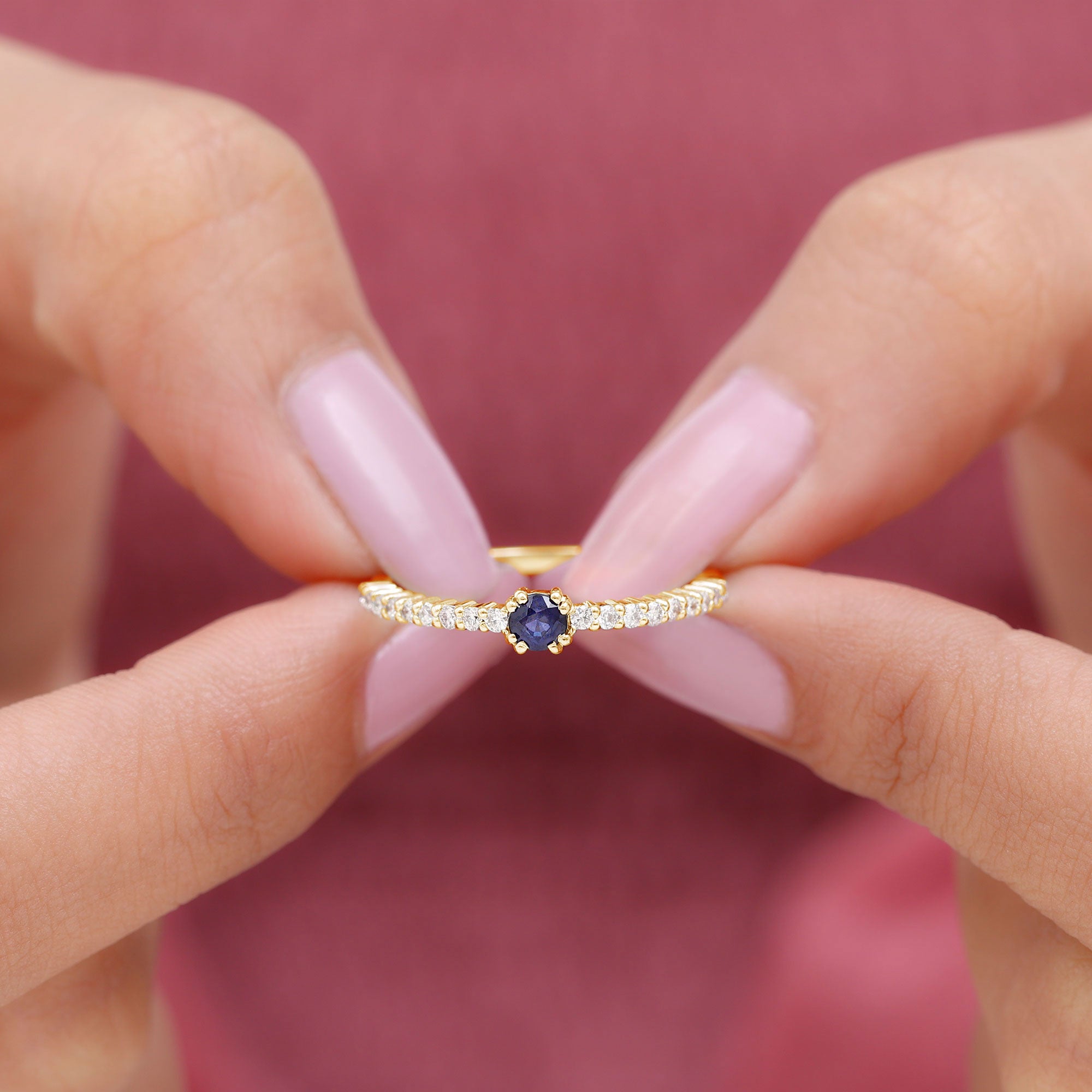 Round Blue Sapphire Dainty Promise Ring with Diamond Blue Sapphire - ( AAA ) - Quality - Rosec Jewels