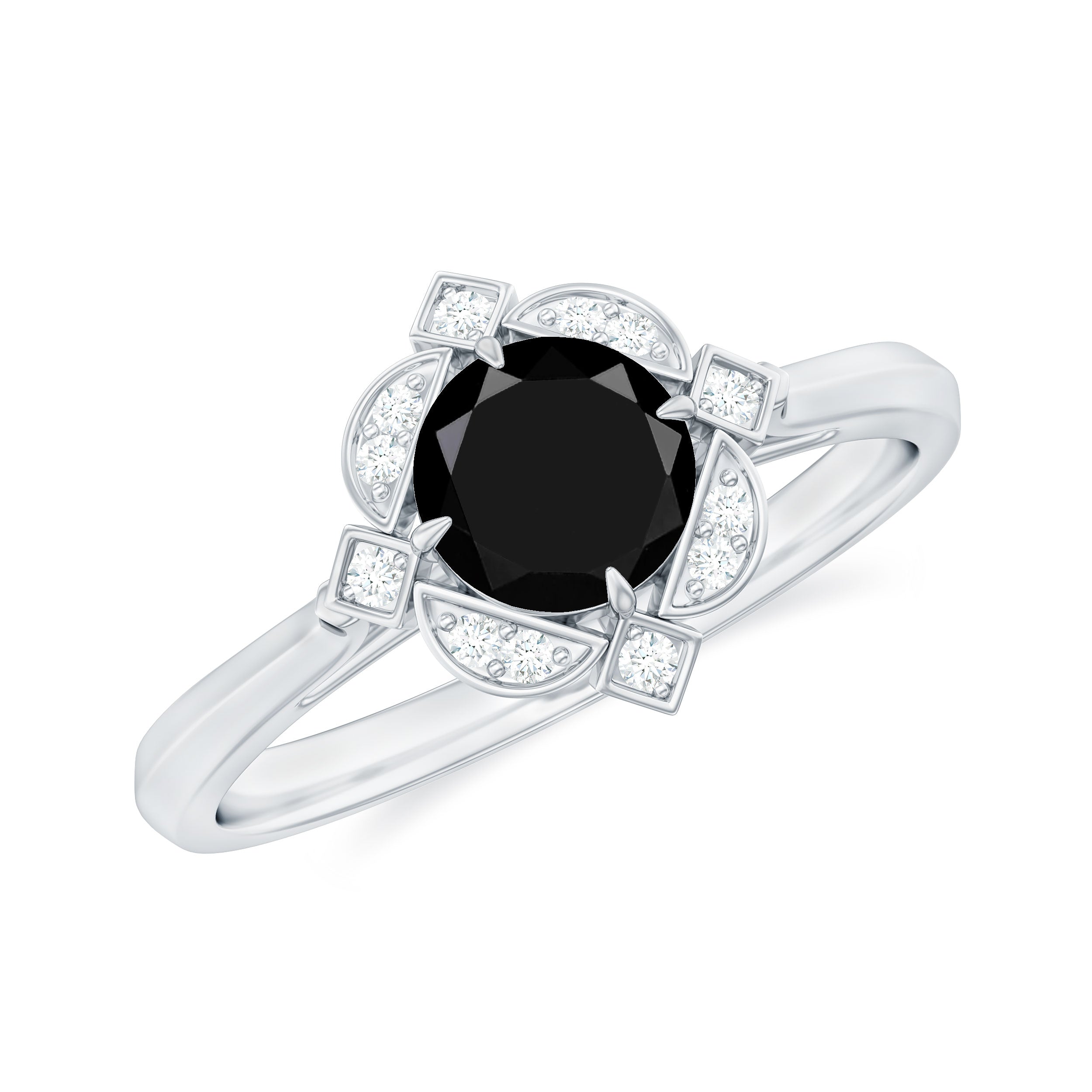 Vintage Style Black Spinel and Diamond Engagement Ring Black Spinel - ( AAA ) - Quality 92.5 Sterling Silver 6 - Rosec Jewels