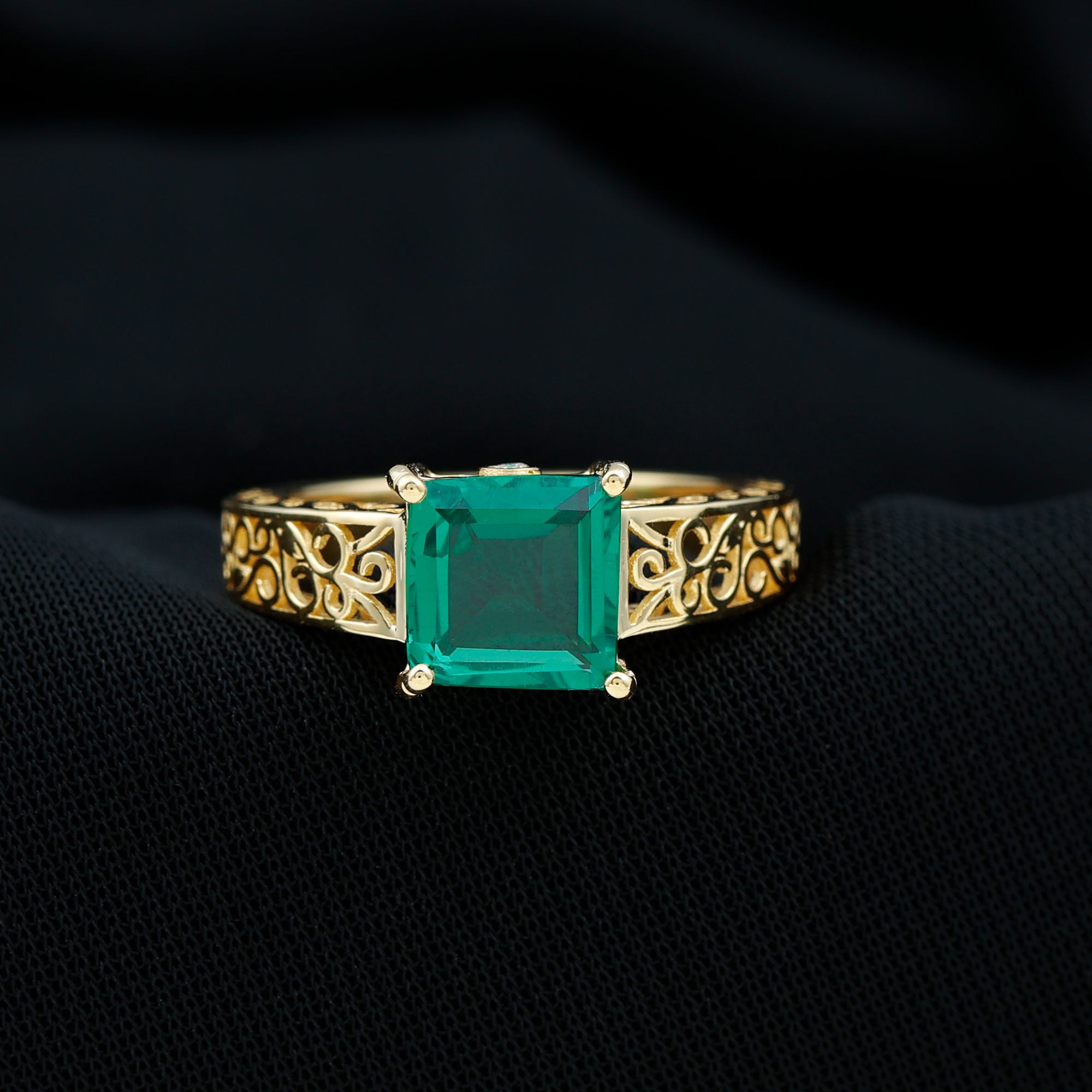 Princess Cut Lab Grown Emerald Filigree Ring with Surprise Diamond Lab Created Emerald - ( AAAA ) - Quality - Rosec Jewels