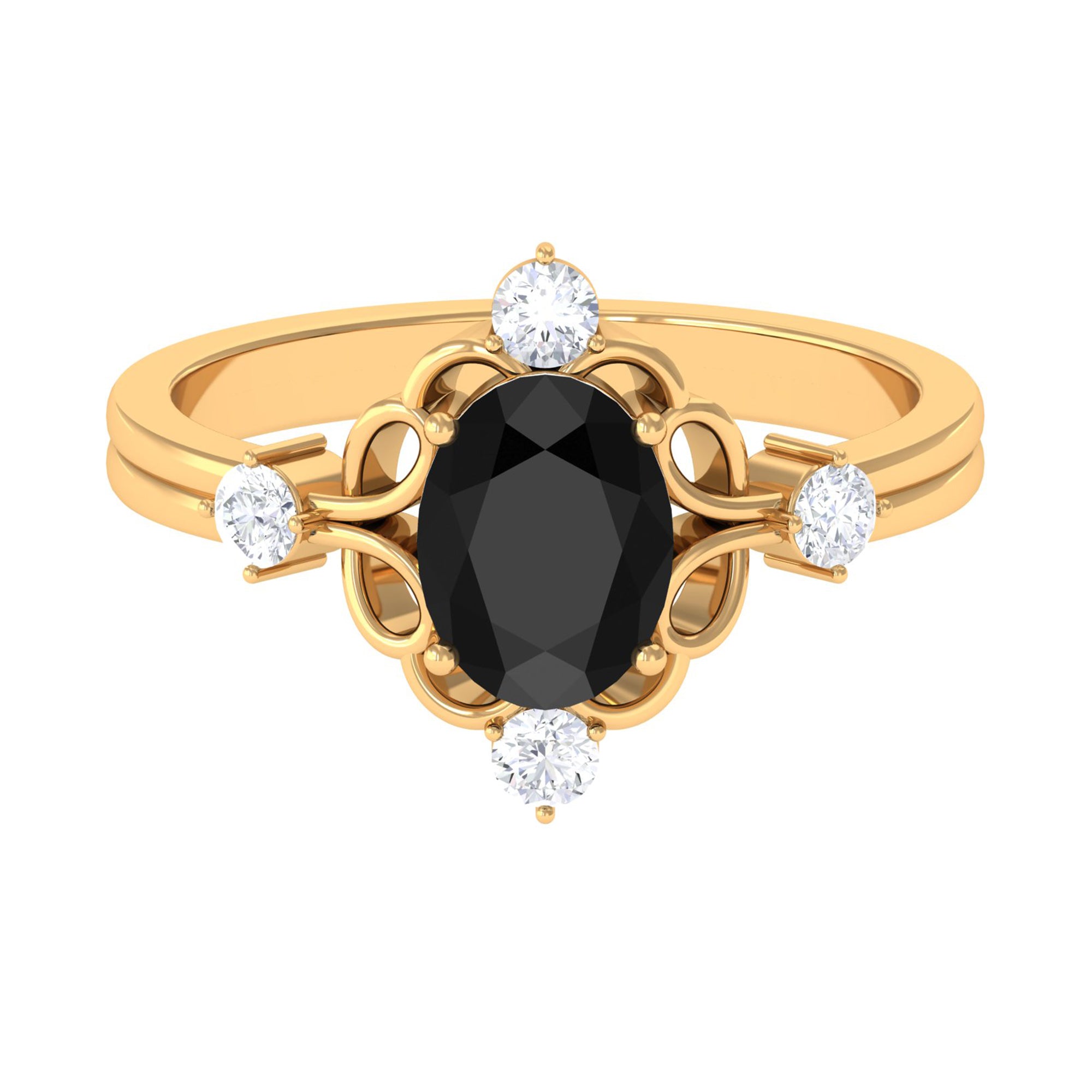 Oval Black Spinel Cocktail Ring with Diamond Black Spinel - ( AAA ) - Quality - Rosec Jewels