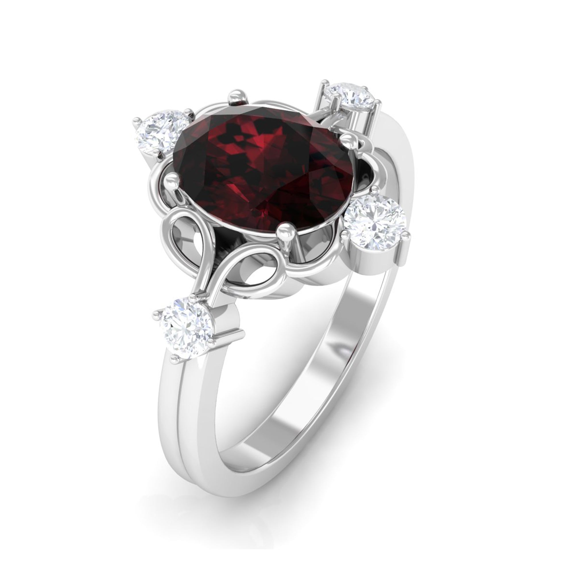 Oval Garnet Cocktail Ring with Diamond Garnet - ( AAA ) - Quality - Rosec Jewels