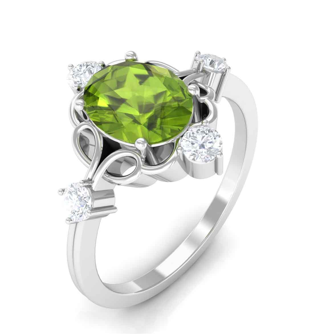 Oval Peridot Cocktail Ring with Diamond Peridot - ( AAA ) - Quality - Rosec Jewels