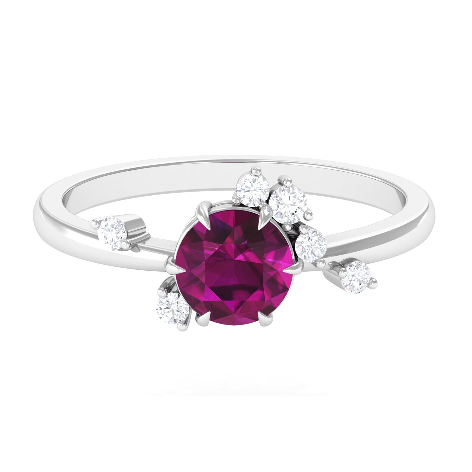 Claw Set Round Shape Rhodolite Solitaire Promise Ring with Scatter Diamond Rhodolite - ( AAA ) - Quality - Rosec Jewels