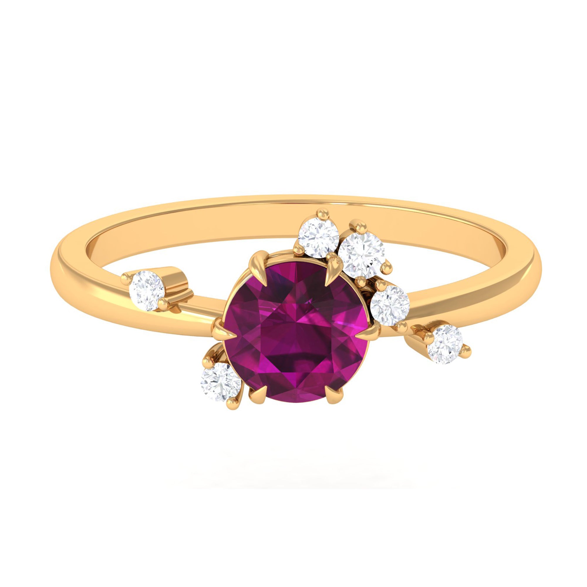 Claw Set Round Shape Rhodolite Solitaire Promise Ring with Scatter Diamond Rhodolite - ( AAA ) - Quality - Rosec Jewels