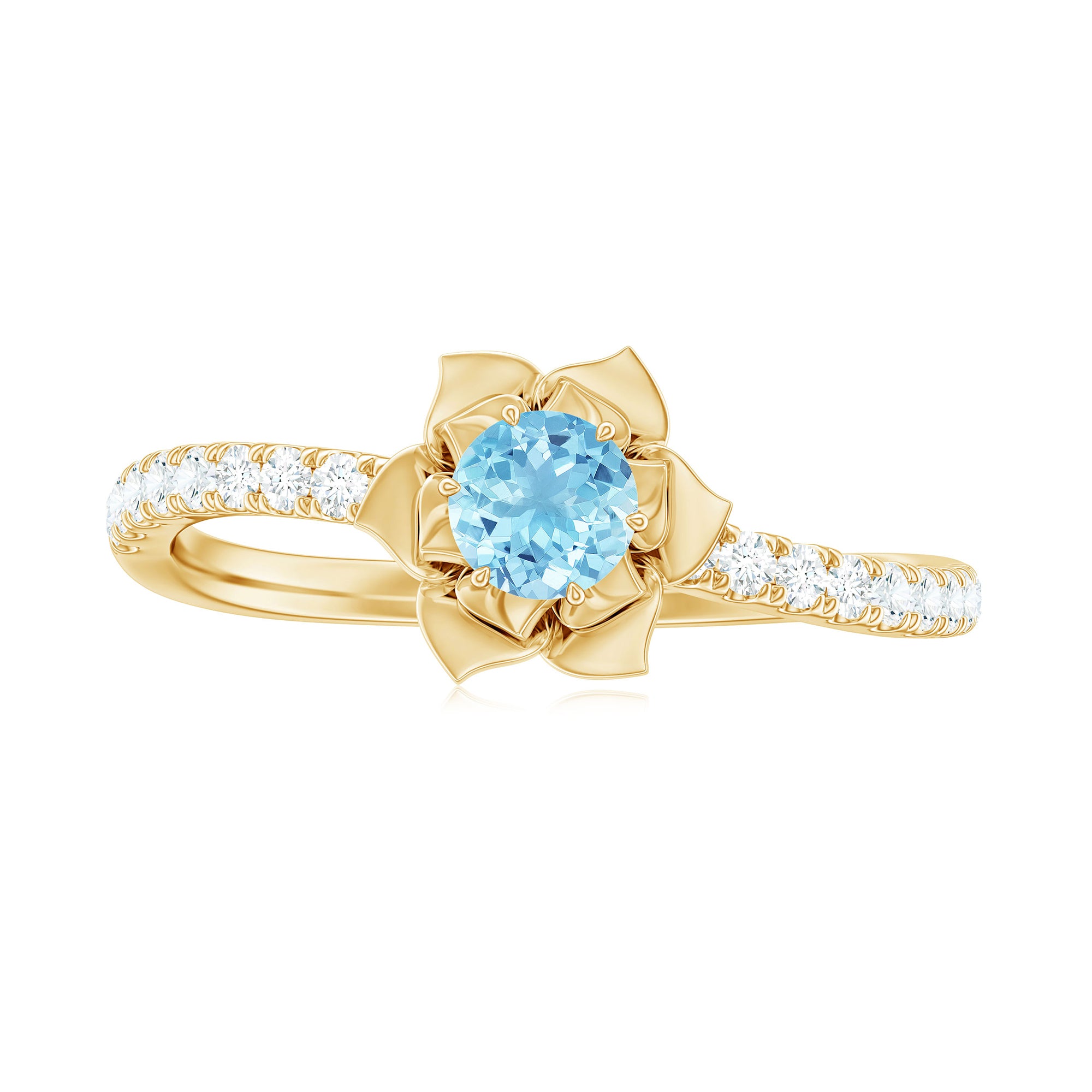 Floral Inspired Aquamarine Rose Engagement Ring with Diamond Aquamarine - ( AAA ) - Quality - Rosec Jewels