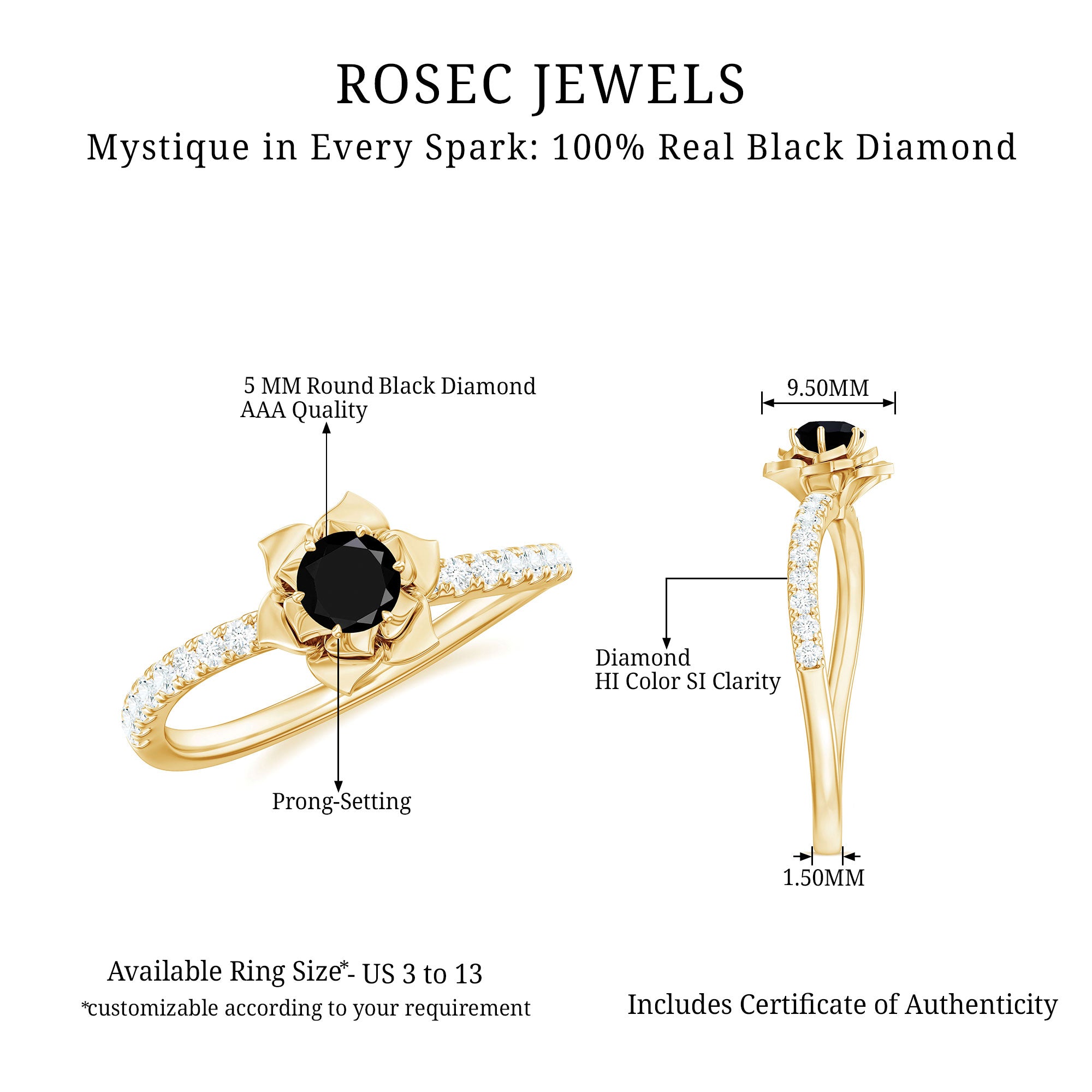 Real Black Diamond and Diamond Flower Engagement Ring Black Diamond - ( AAA ) - Quality - Rosec Jewels