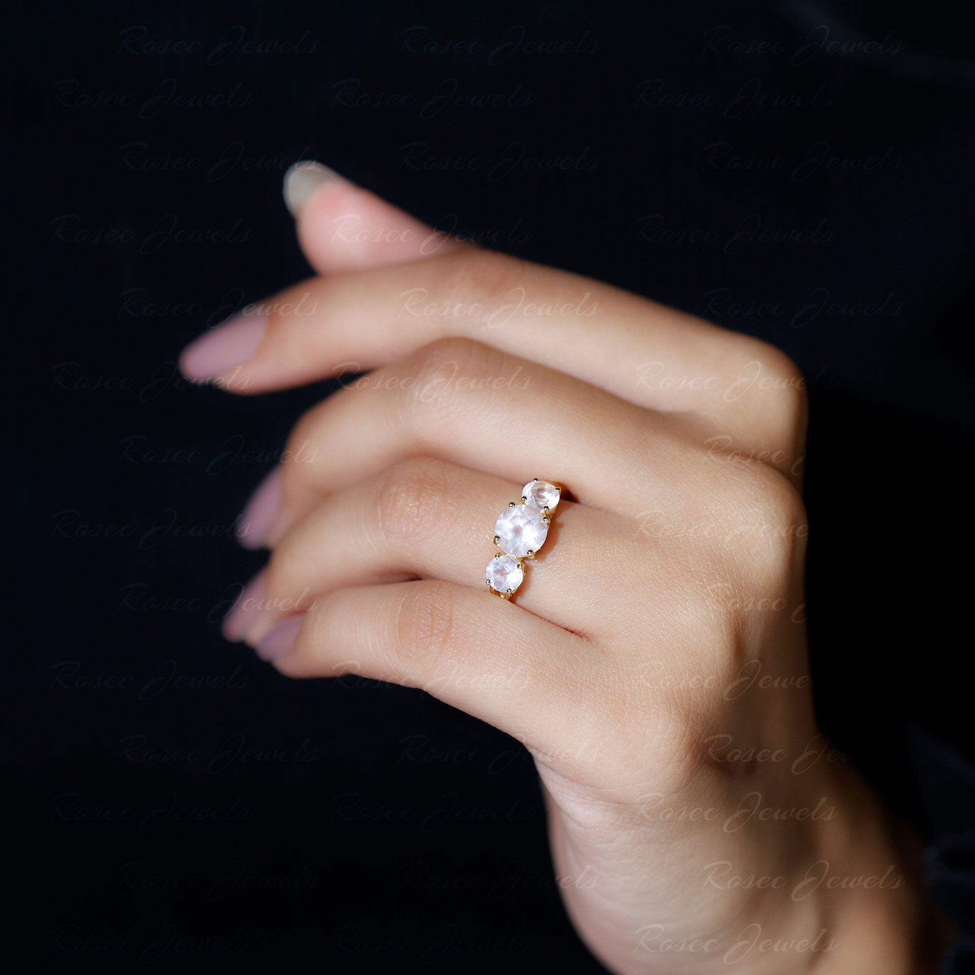 Rosec Jewels-Round Shape Rose Quartz Three Stone Crossover Ring