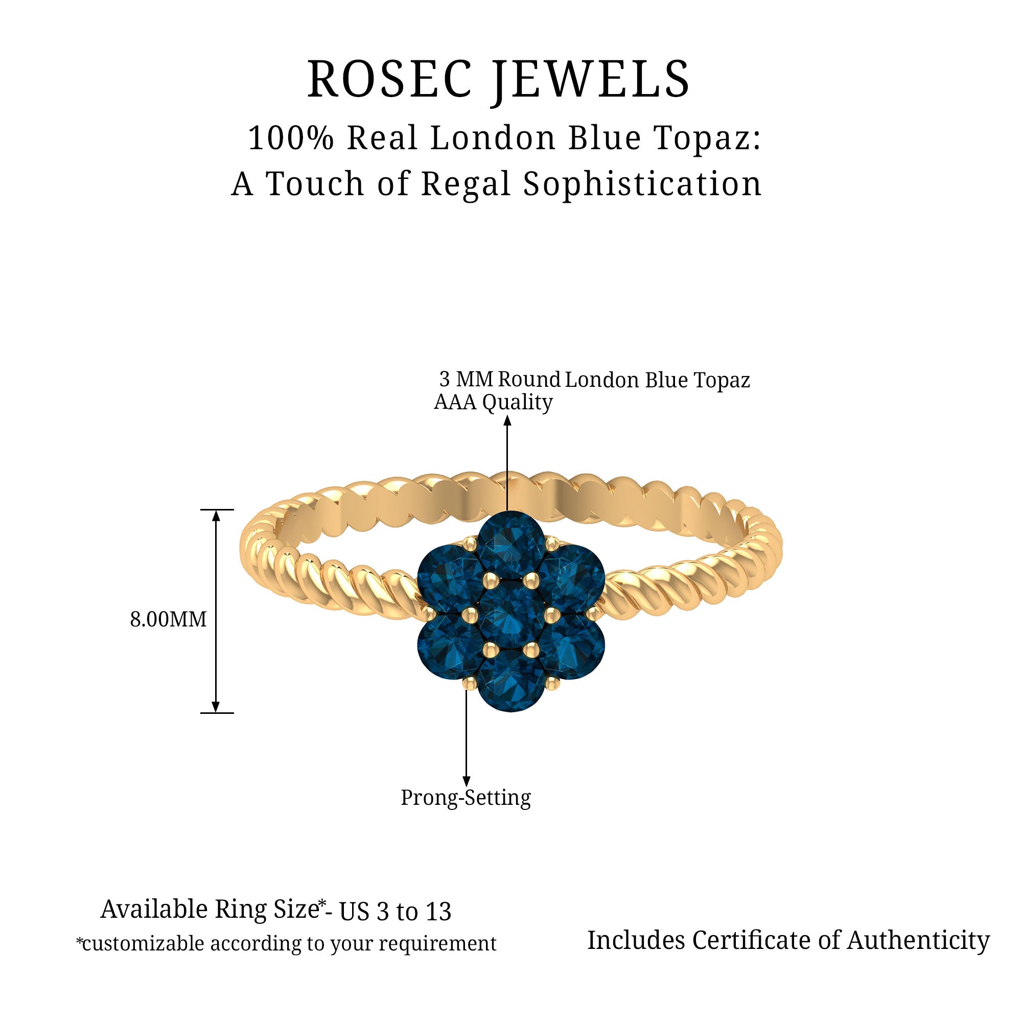 1.25 CT London Blue Topaz Floral Cluster Ring with Twisted Rope Details London Blue Topaz - ( AAA ) - Quality - Rosec Jewels