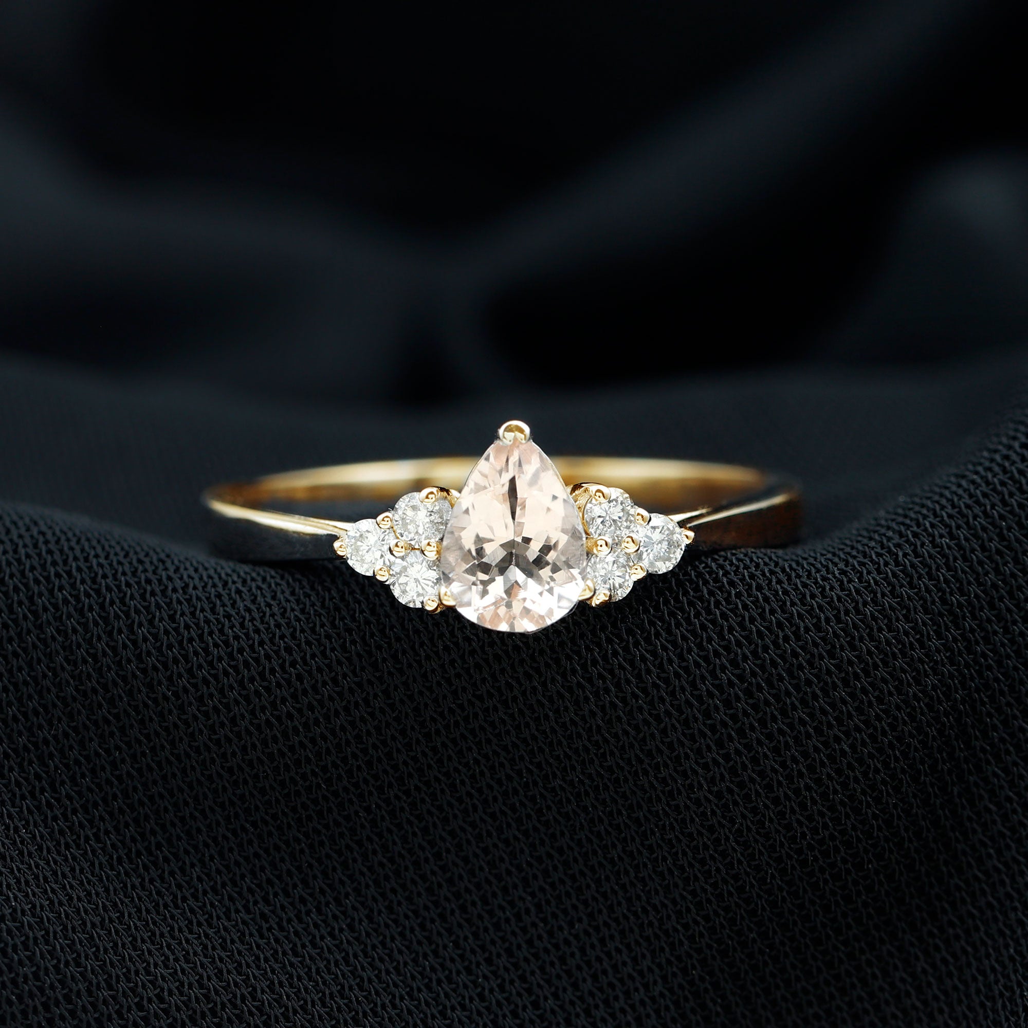 Pear Shaped Morganite Solitaire Ring with Diamond Trio Morganite - ( AAA ) - Quality - Rosec Jewels