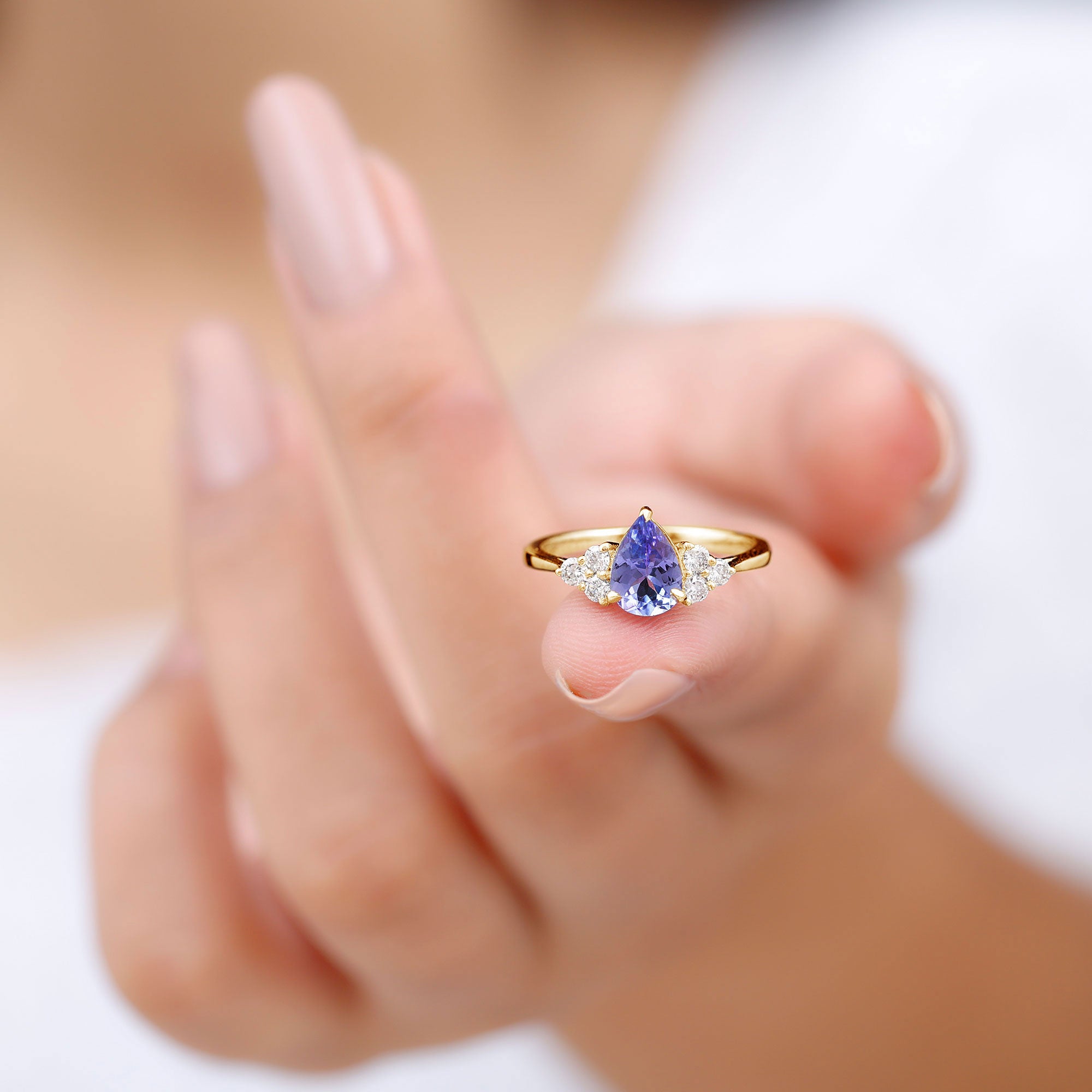 Pear Shaped Tanzanite Solitaire Ring with Diamond Trio Tanzanite - ( AAA ) - Quality - Rosec Jewels