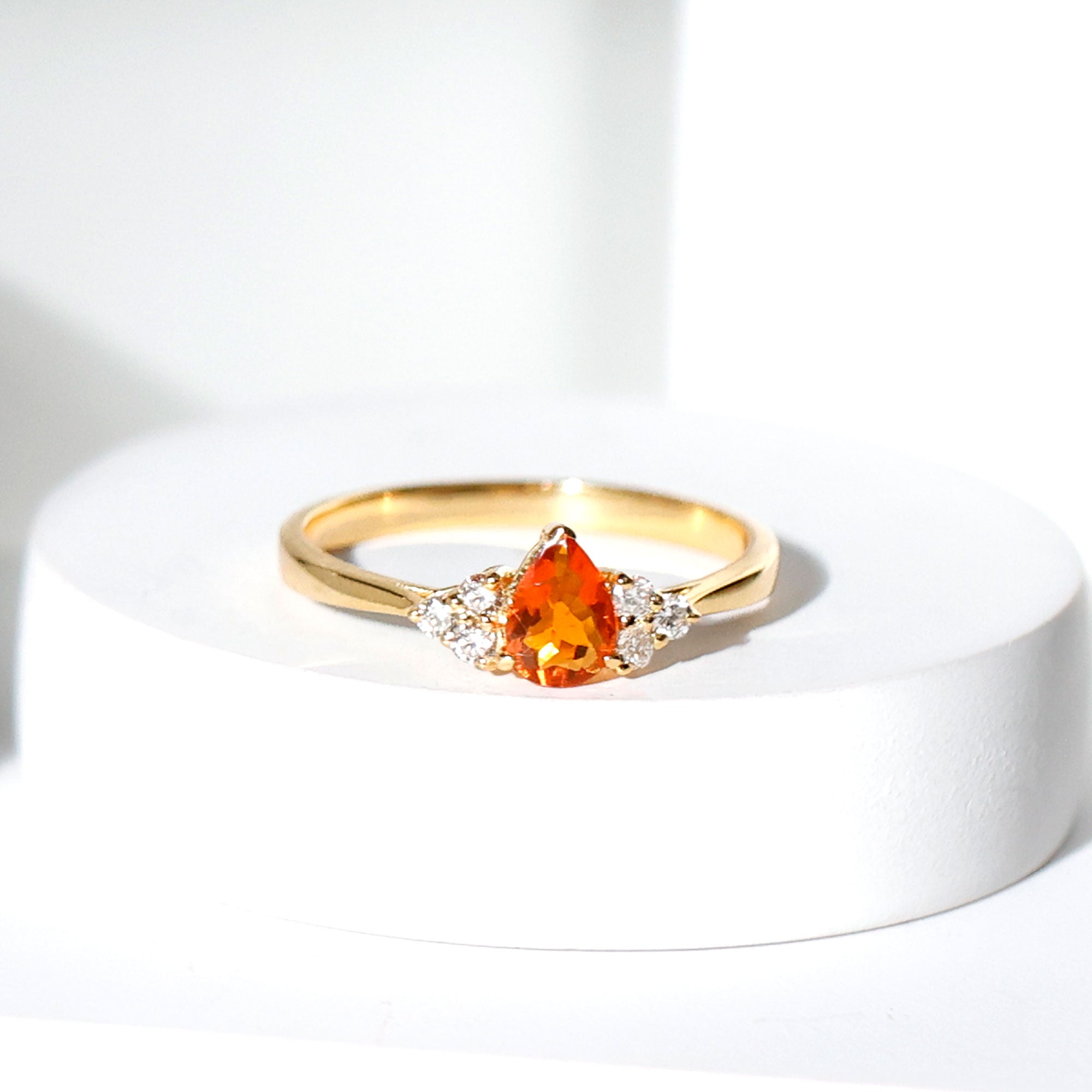 Pear Shaped Fire Opal Solitaire Ring with Diamond Trio Fire Opal - ( AAA ) - Quality - Rosec Jewels