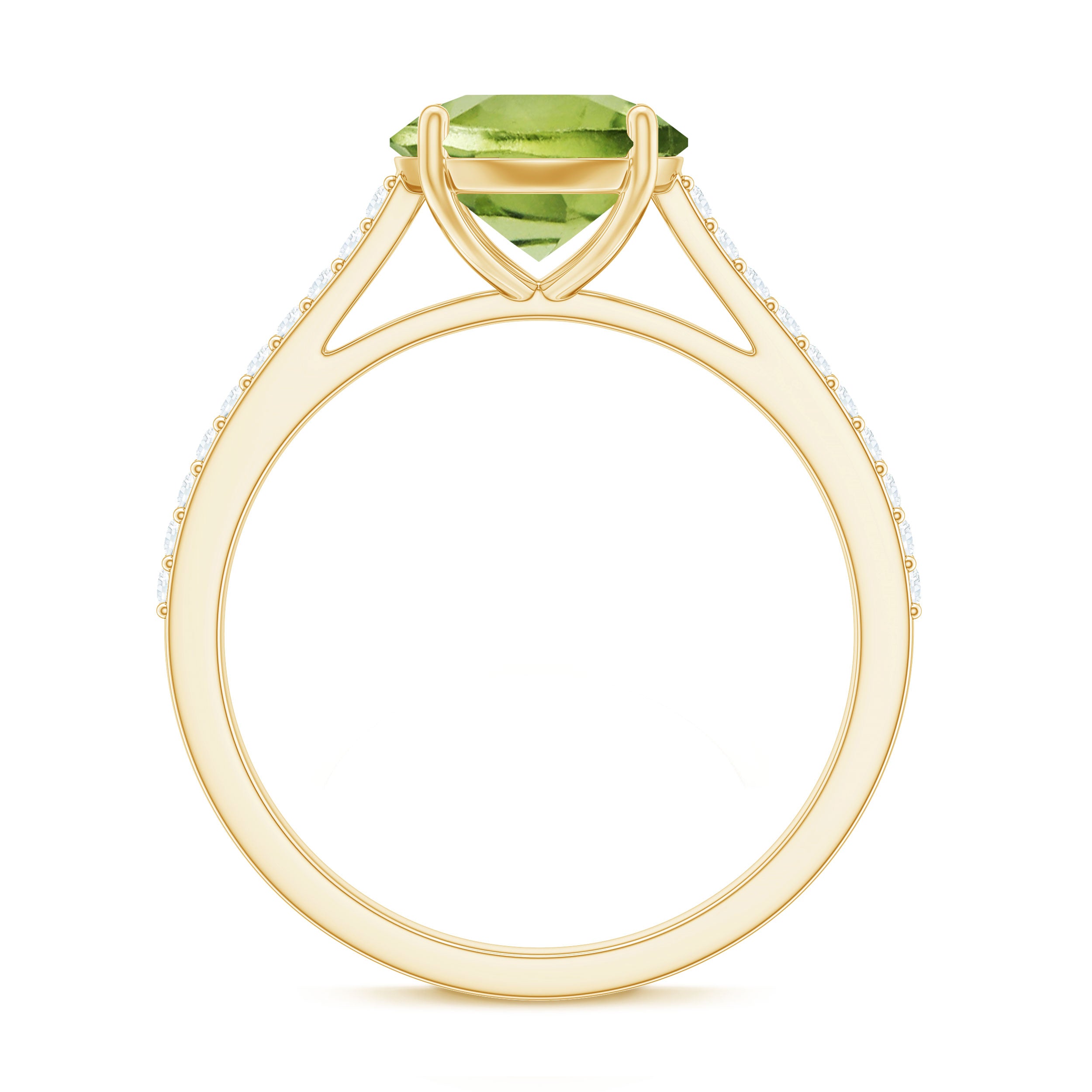 Round Peridot Solitaire Engagement Ring with Diamond Side Stones Peridot - ( AAA ) - Quality - Rosec Jewels